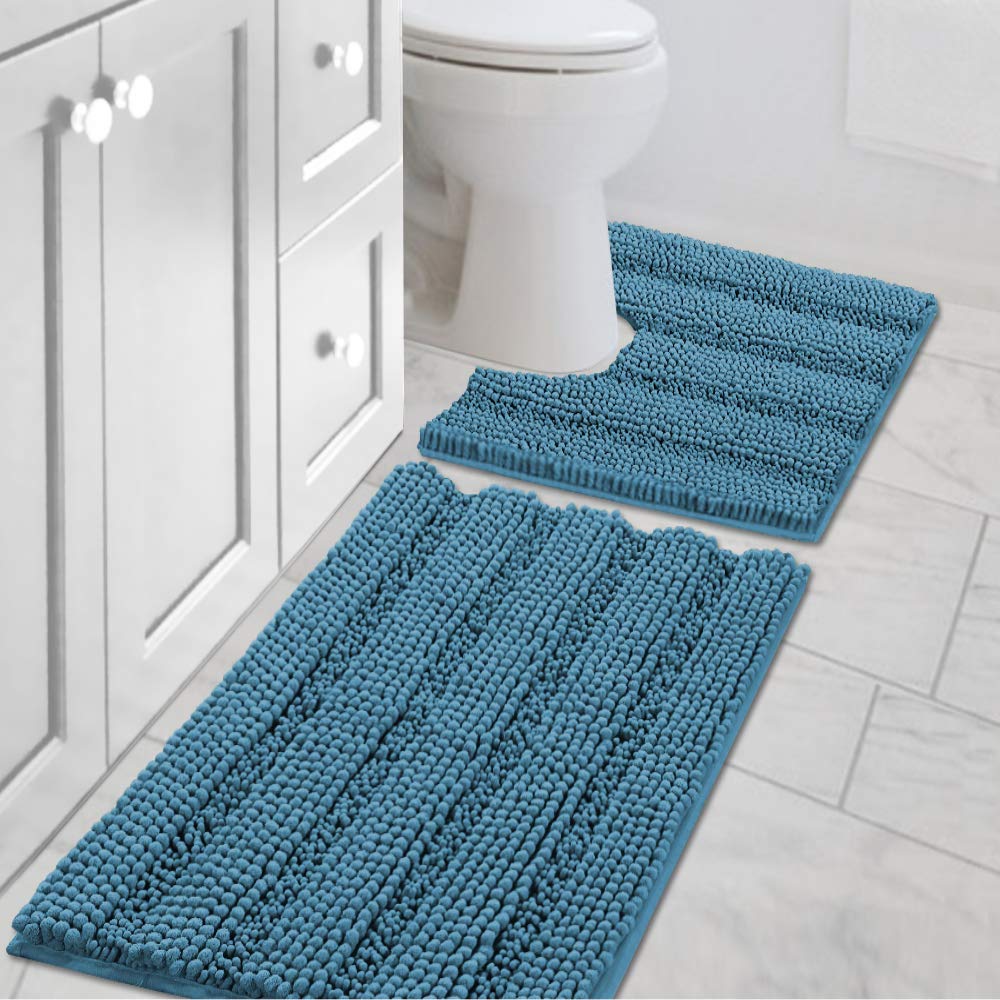H.VERSAILTEX Bathroom Rugs Bath Rug Set 2 Piece Bathroom Contour Rug Toilet Mat Sets Non Slip Contour Bath Rug Ultra Thick Water Absorbent Striped Bath Mats Washable(47" x 17" Plus 20" x 20" U, Cream)
