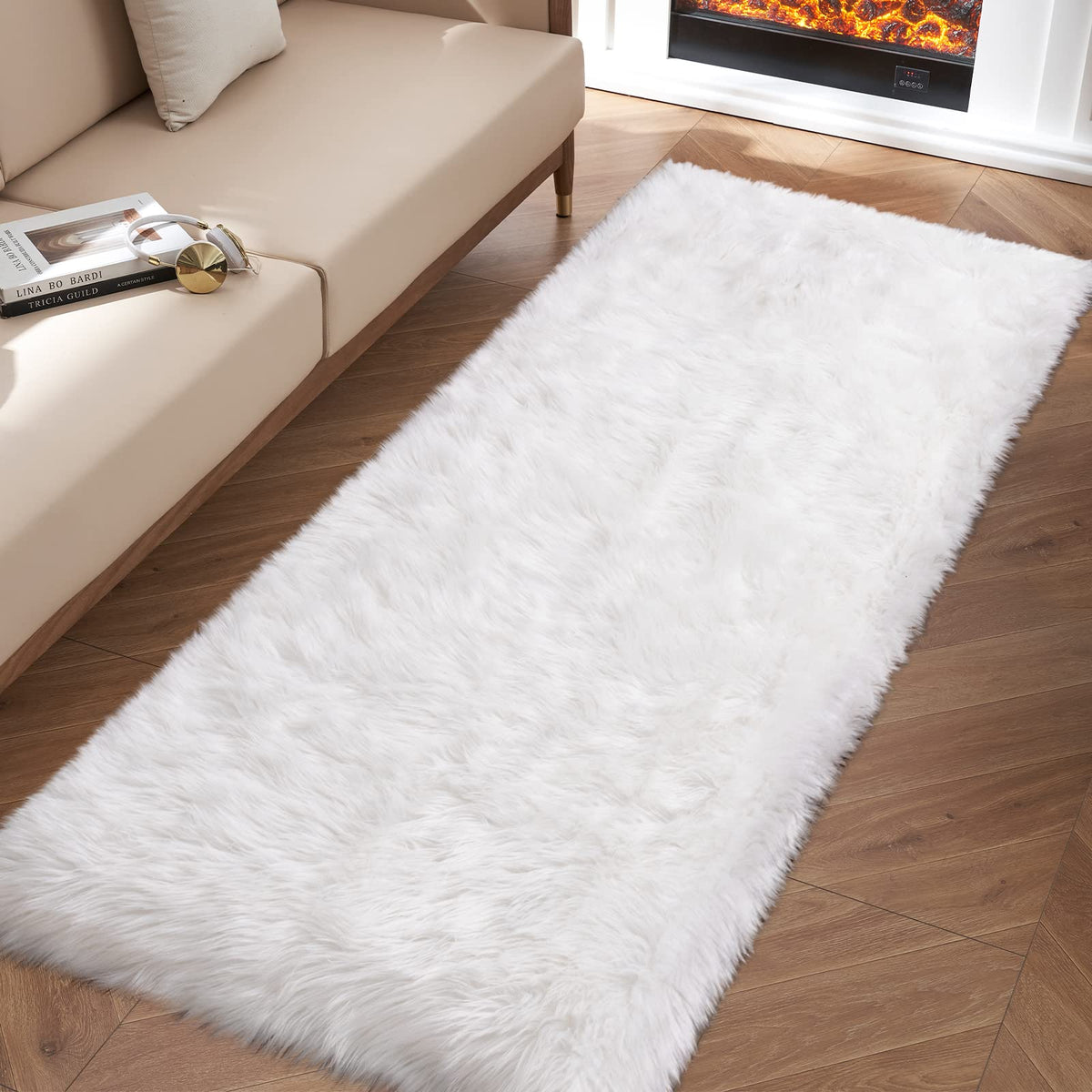 Tangsoo 2x6 Beige Faux Fur Rug,Soft Sheepskin Fluffy Runner Rug for Bedroom