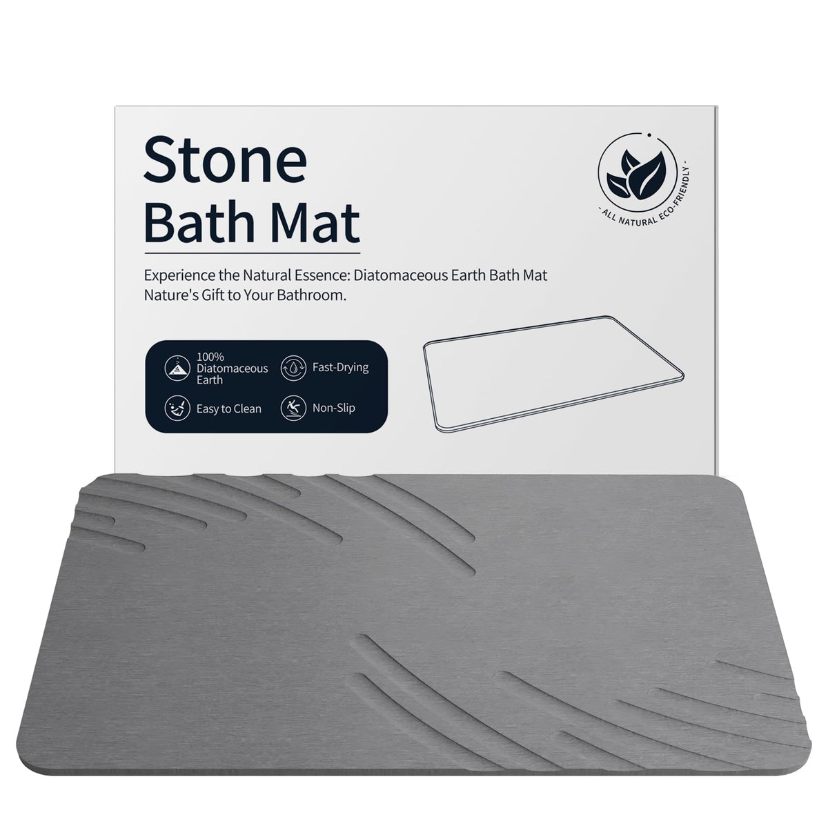 Stone Bath Mat for Bathroom, Diatomaceous Earth Shower Mat, Quick Dry, Grey
