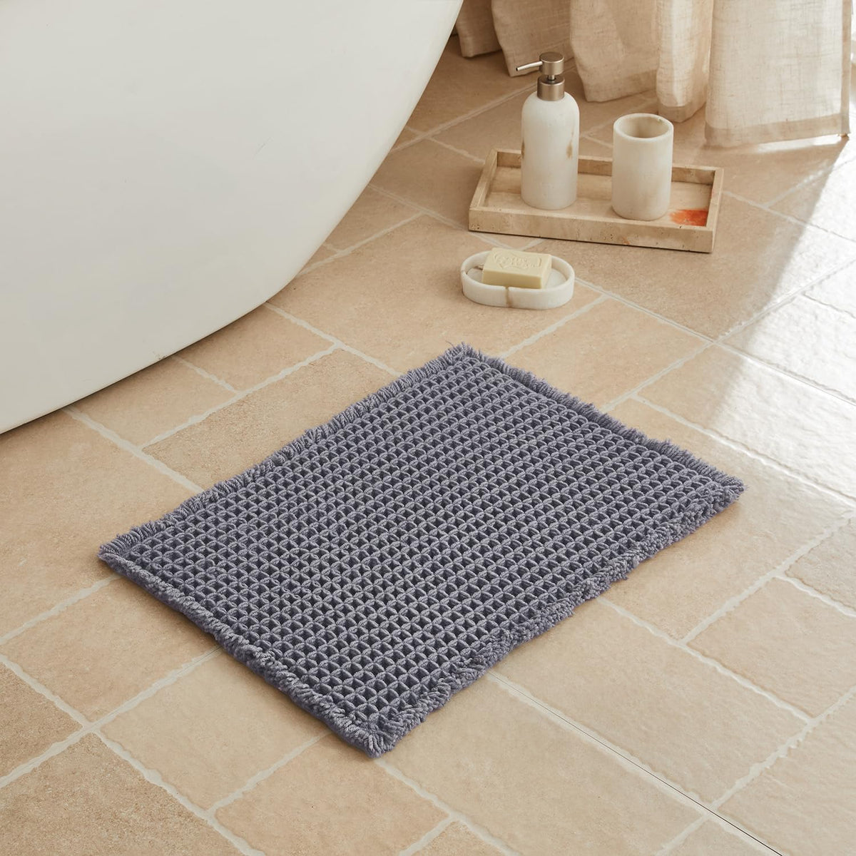 Triohero Waffle Bath Mat, Small Boho Bathroom Rugs Non Slip, 16x24 Khaki
