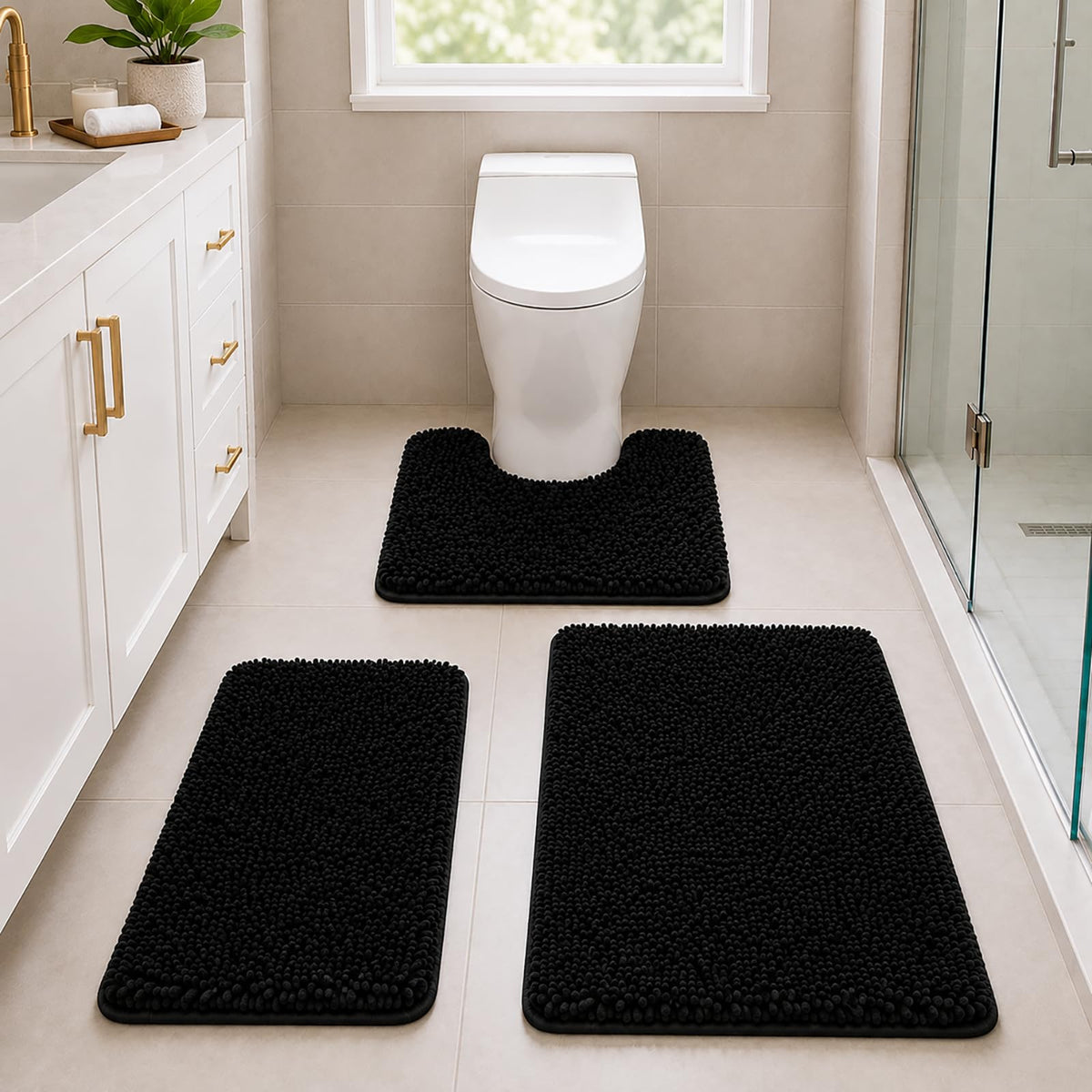 Bathroom Rugs Set Non Slip 3 Piece Bath Mat Washable Chenille Bath Rugs with PVC Backing Bath Carpet,Absorbent Bathroom Mats with Toilet Rug,Bath Mats for Bathroom,Bedroom, Kitchen,Tub,Home Decor