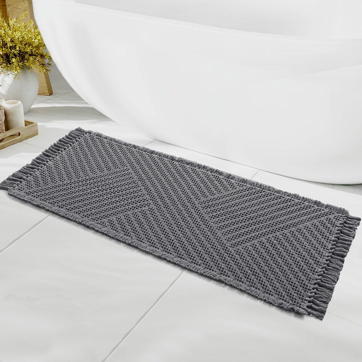 H.VERSAILTEX Waffle Bath Mat Super Absorbent Boho Bath Mat Non Slip Bath Rugs for Bathroom Floor Machine Washable Dry Fast Bathroom Rugs with Tassels, 24" x 36", Ivory White