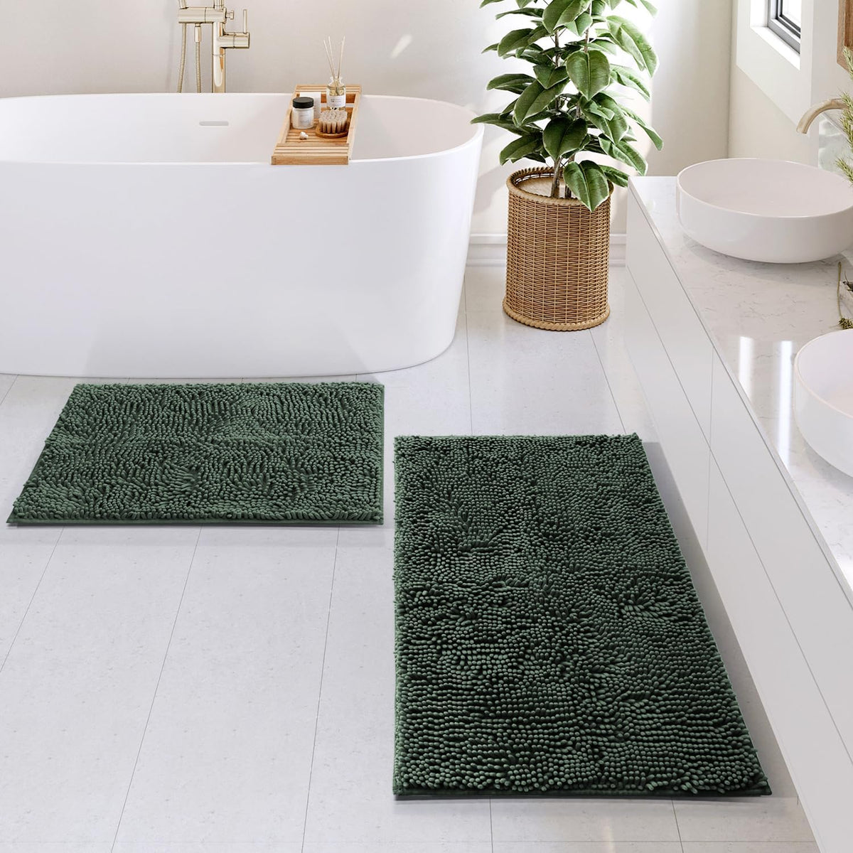 Hearth & Harbor Bathroom Rugs, Chenille Bath Mat - Machine Washable Bath Mats for Bathroom Non-Slip Backing Rubber, Quick Dry Bathroom Mat, 17 x 24 + 20 x 32 - Hunter Green
