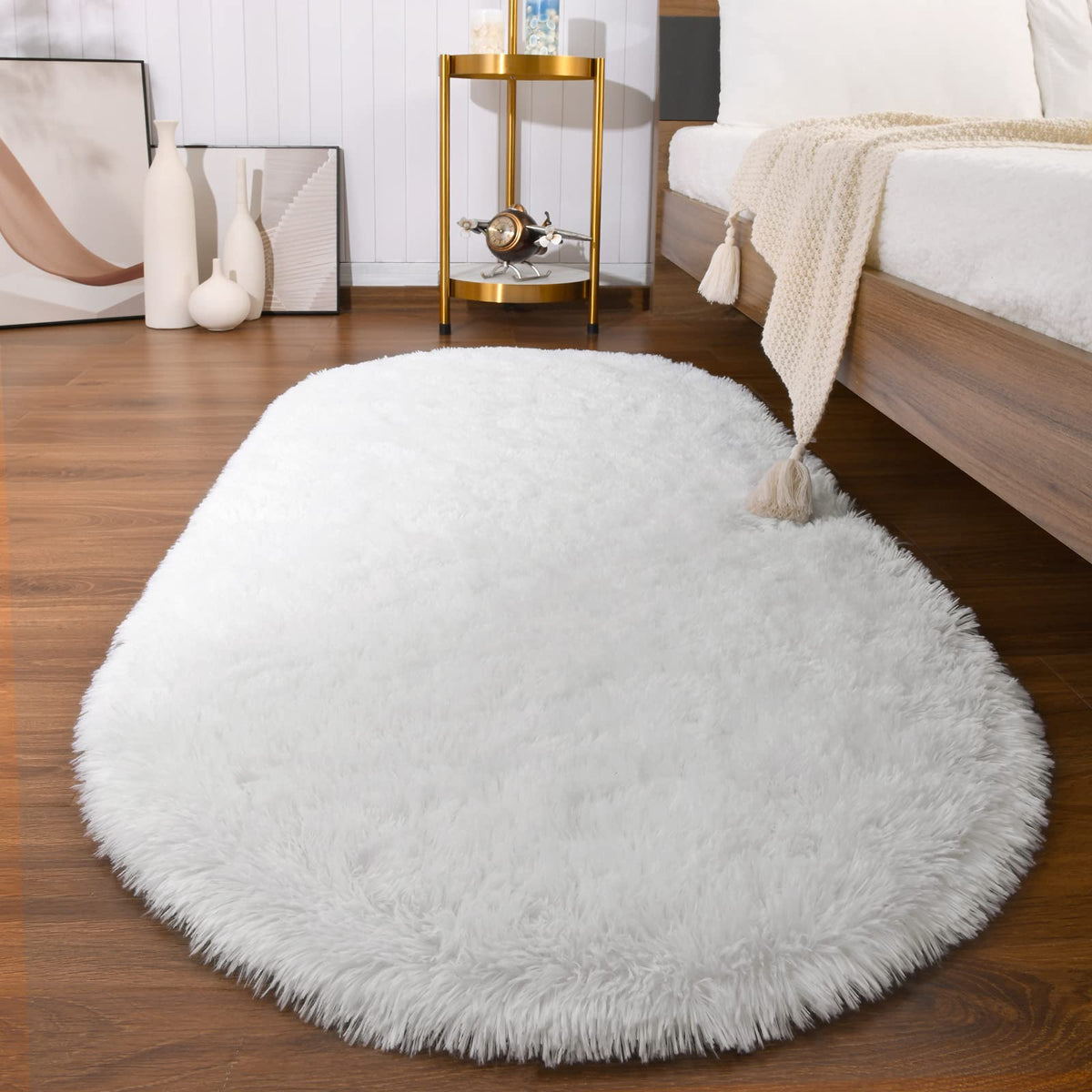 Softlife Fluffy Rugs for Bedroom, Shag Cute Area Rug for Girls/Boys and Kids Baby Room Home Decor, 2.6 x 5.3 Feet Oval Indoor Carpet for Nursery Dorm Living Room, Creamy