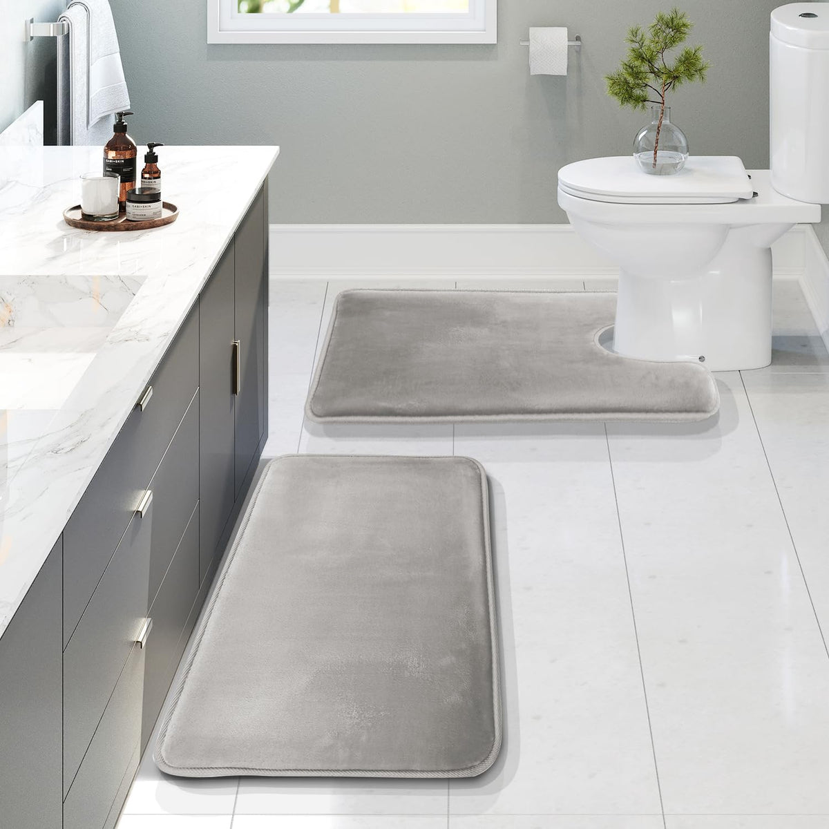 Clara Clark 3 Piece Bathroom Rugs Bath Mat Set, Velvet Memory Foam Bath Mats for Bathroom - Non-Slip, PVC Backing Bath Rugs, Washable - Dries Quickly, Grey