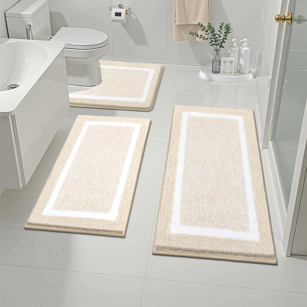 Pauwer Bathroom Rugs 3 Piece Set, Non Slip Washable Bath Mat, Dark Grey