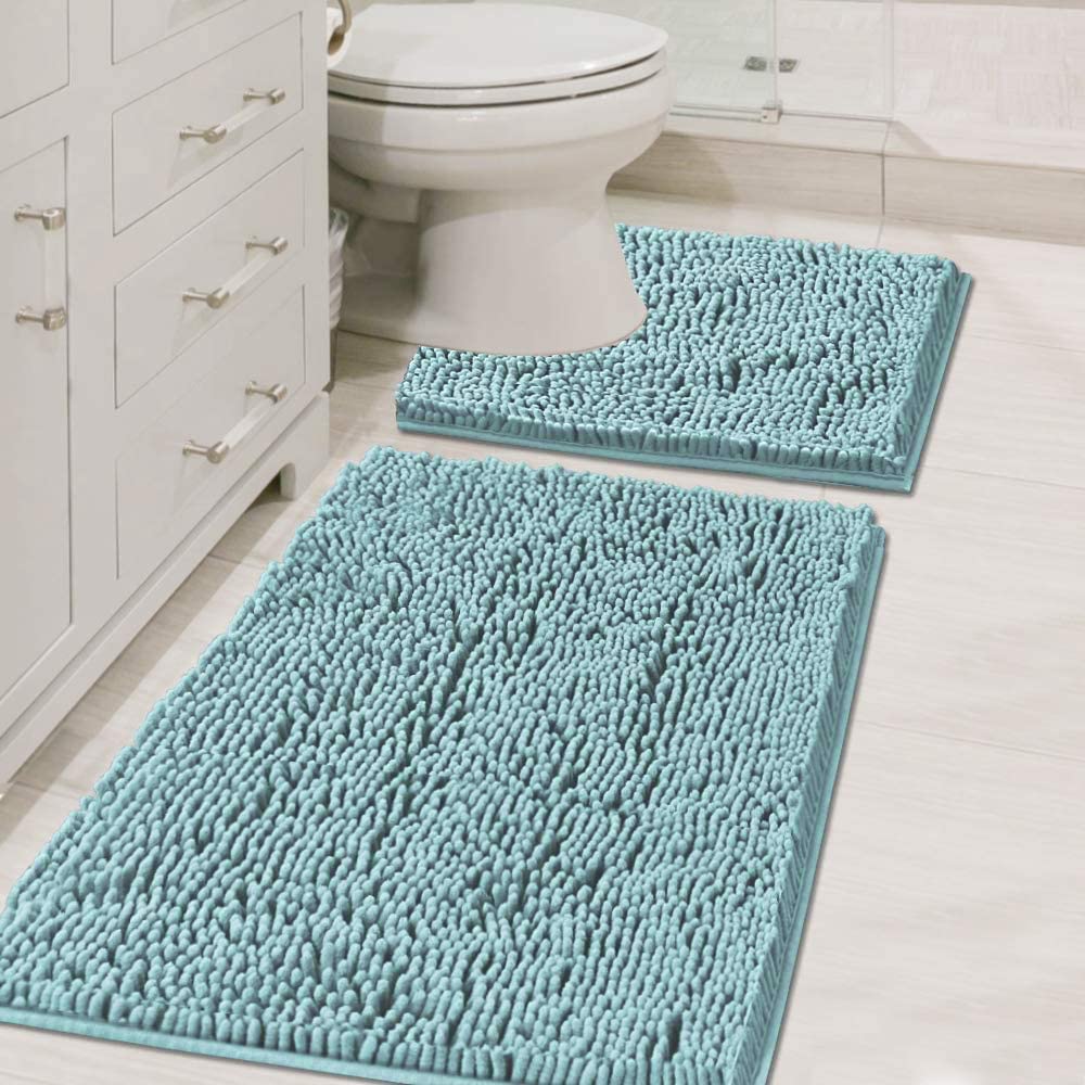 H.VERSAILTEX Bathroom Rugs Luxury Chenille Mat Set, Soft Plush Shower Rug + Toilet Mat, Microfiber Shaggy Carpet, Super Absorbent, Machine Washable (Curved Set, 32" x 20"/20" x 20", Loden)