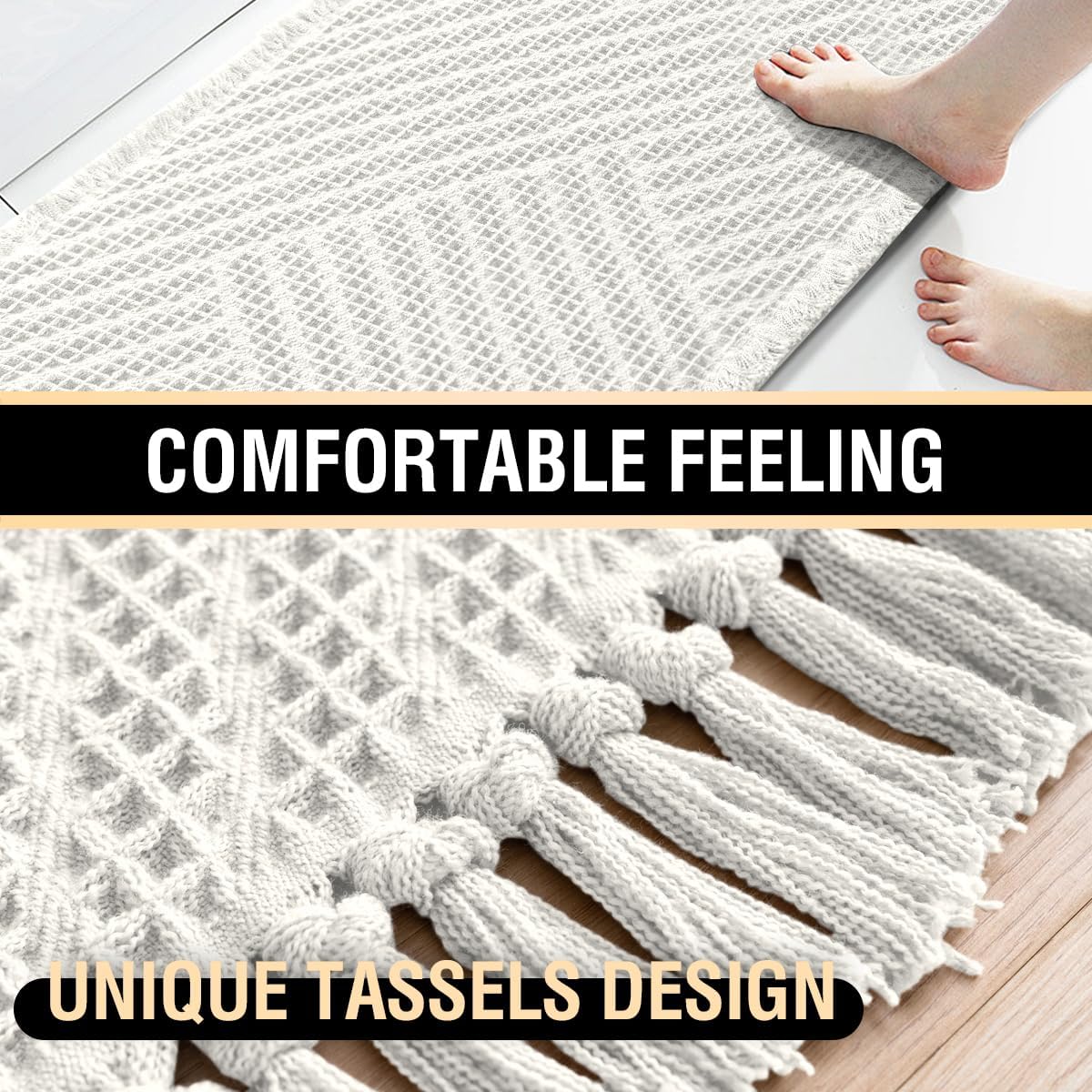 H.VERSAILTEX Waffle Bath Mat Super Absorbent Boho Bath Mat Non Slip Bath Rugs for Bathroom Floor Machine Washable Dry Fast Bathroom Rugs with Tassels, 24" x 36", Ivory White
