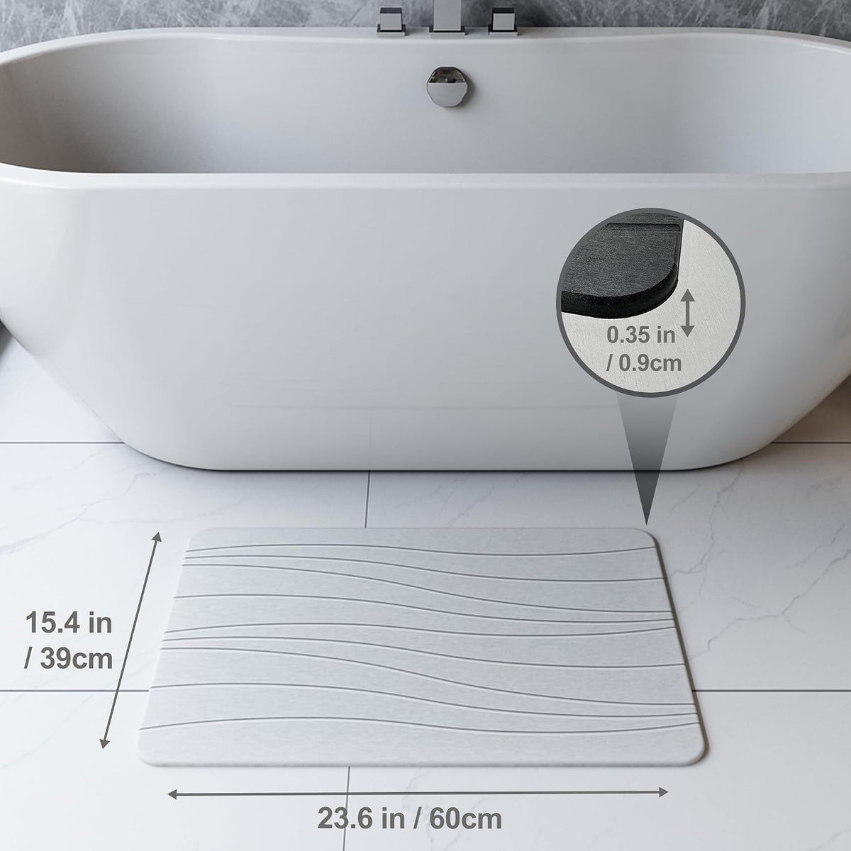 Fast Drying Stone Bath Mats for Bathroom, Non-Slip Diatomaceous Earth Bath Mat, Super Absorbent Bath Mat Stone (23.6''×15.4" White Flow)
