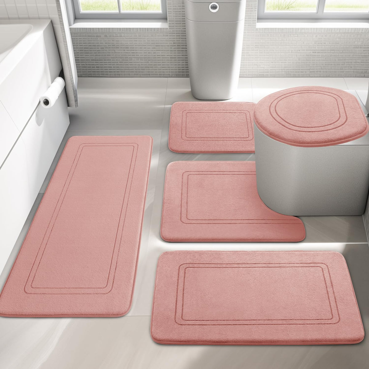 YIHOUSE Memory Foam Bath Mat Set, Non Slip Bath Mats, Super Soft and Water Absorbent, Machine Washable U Shape Toilet Mats, Dark Blue