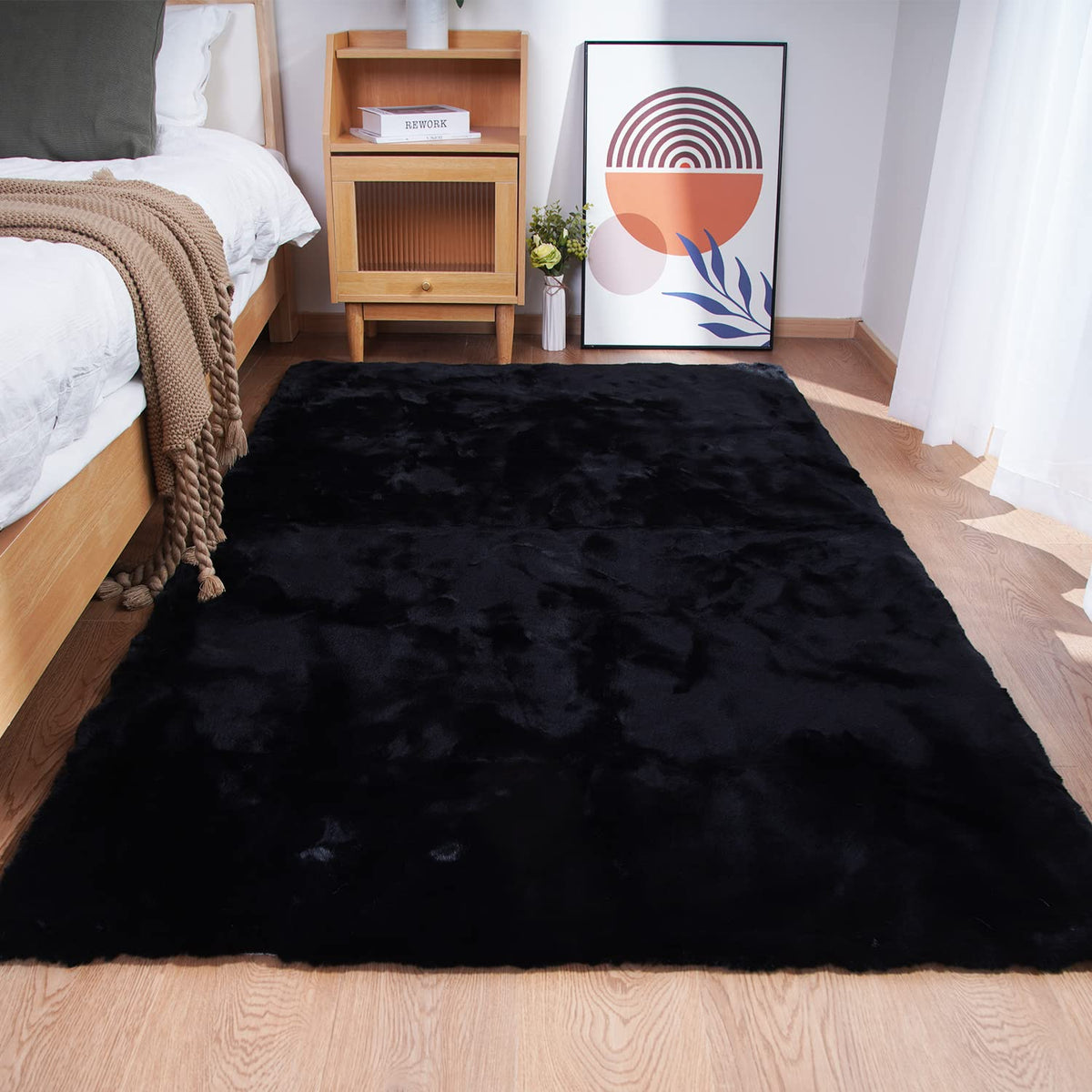Ghouse Soft Faux Sheepskin Fur Rug 2x4 Black Fluffy Bedside Rugs Plush Rug Shag Nursery Carpet Area Rugs for Living Room Bedroom Playing Room Decor