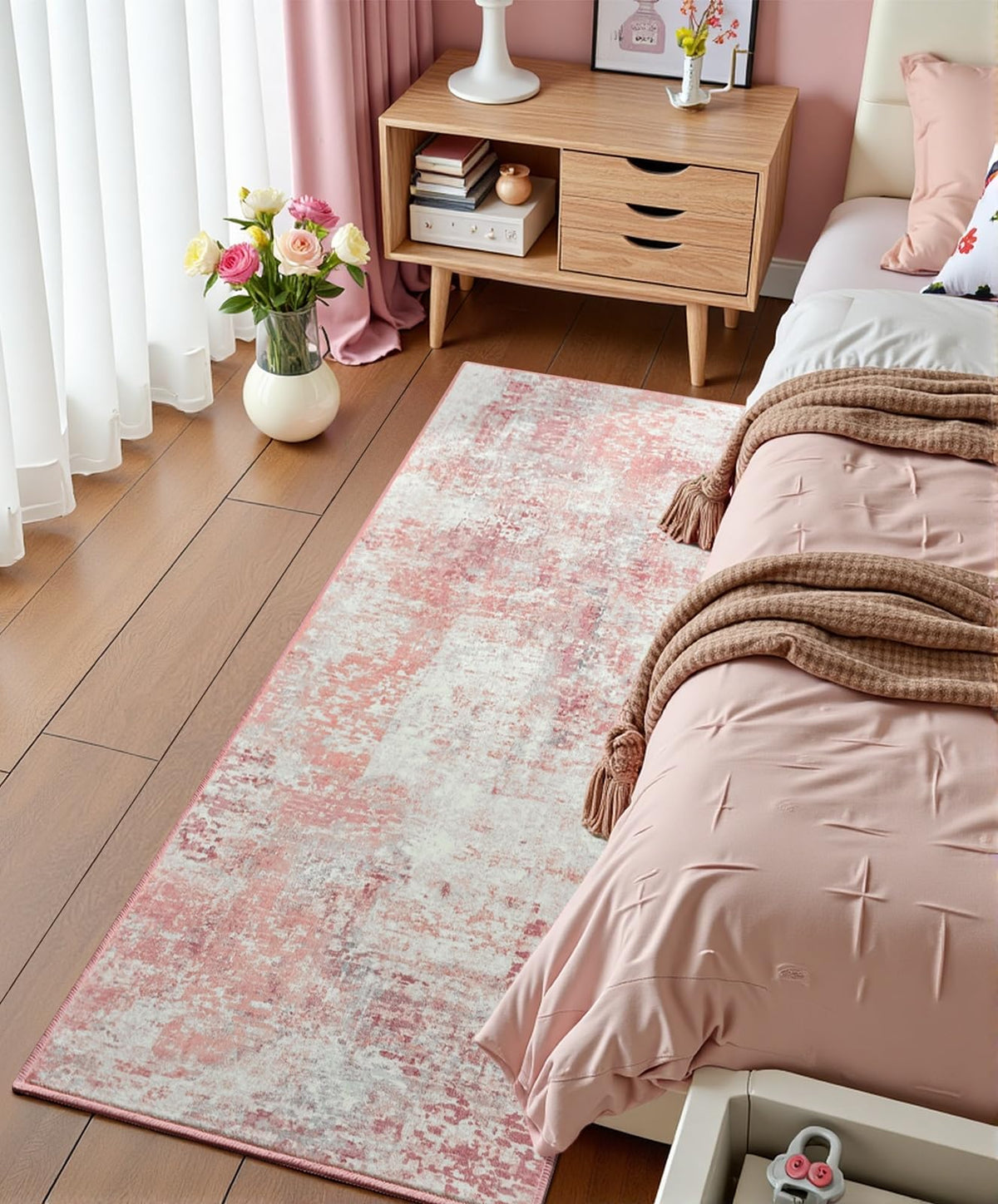 Pink Washable Runner Rug for Bedroom, Abstract Non-Slip Soft Entryway Rugs, Modern Low Pile Stain Resistant 2x6 Carpet for Entryway, Kitchen, Hallway, Bedside
