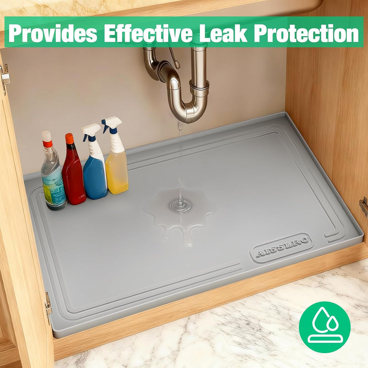 Under Sink Mat 22" X 19", Waterproof Silicone Cabinet Kitchen Liner, Gray