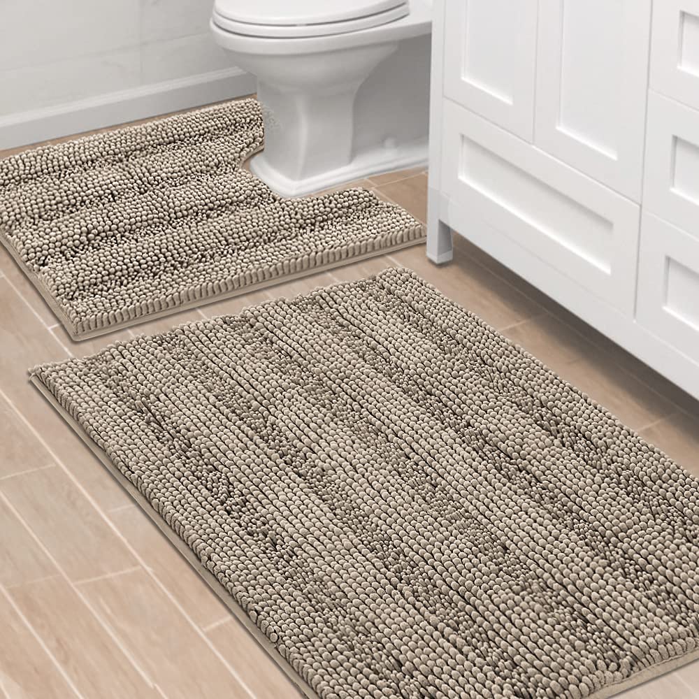 H.VERSAILTEX Bathroom Rugs Bath Rug Set 2 Piece Bathroom Contour Rug Toilet Mat Sets Non Slip Contour Bath Rug Ultra Thick Water Absorbent Striped Bath Mats Washable(47" x 17" Plus 20" x 20" U, Cream)