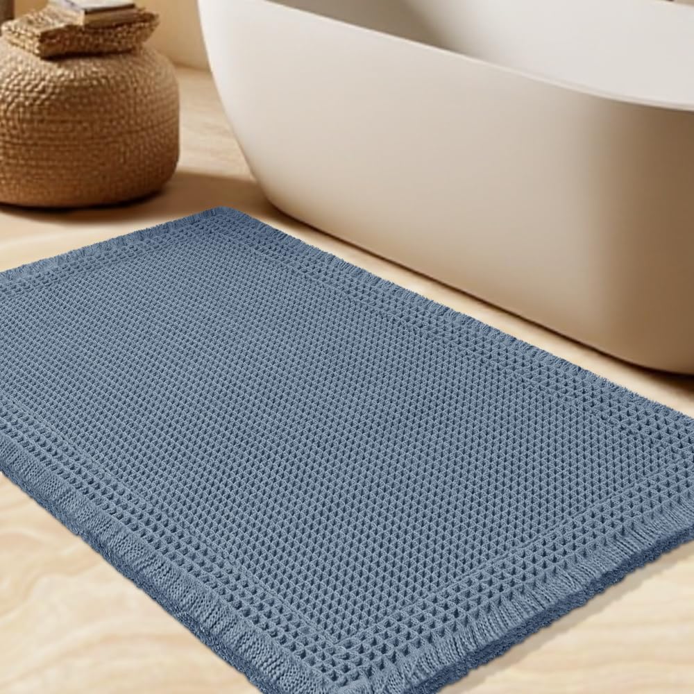 Upgrade Waffle Bath Mat Set 2 Piece, Boho Bathroom Rugs Absorbent Non Slip, Ultra Soft Bathroom Mat, Machine Washable Knit Bath Rugs with Herringbones for Bathroom, Bedroom, Kitchen, Shower, White