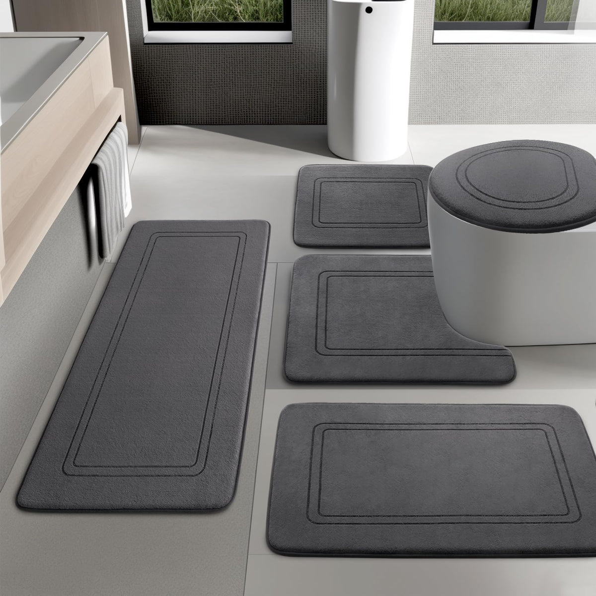 YIHOUSE Memory Foam Bath Mat Set, Non Slip Bath Mats, Super Soft and Water Absorbent, Machine Washable U Shape Toilet Mats, Dark Blue