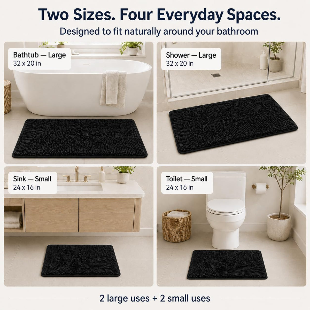 RUN HELIX Bathroom Rugs Set 2 Piece Thick Chenille Bath Mats, Soft Quick Dry Plush Absorbent Bath Rugs with Non-Slip PVC Backing, 32x20+24x16 Inch Black