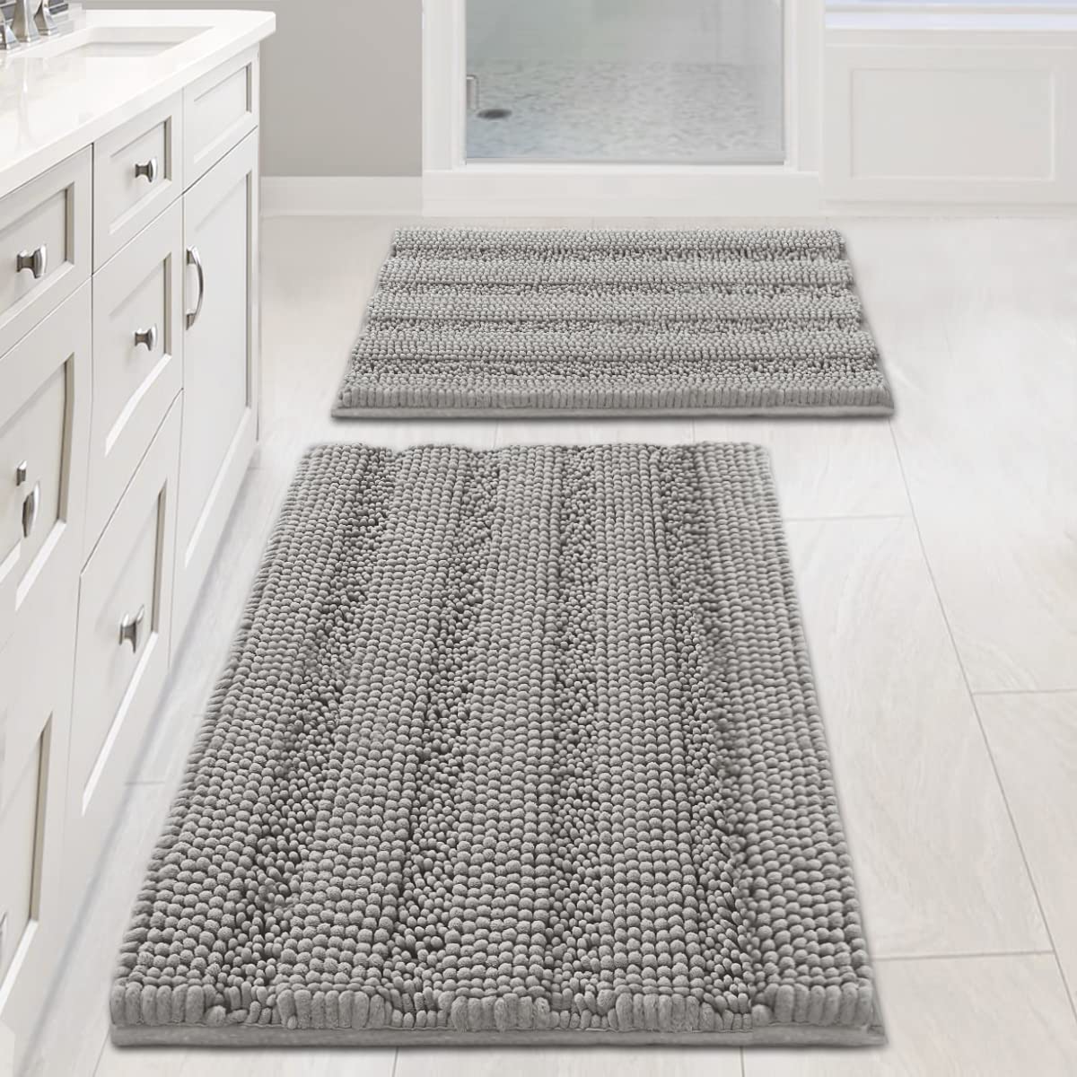 H.VERSAILTEX Bathroom Rugs Bath Rug Set 2 Piece Bathroom Contour Rug Toilet Mat Sets Non Slip Contour Bath Rug Ultra Thick Water Absorbent Striped Bath Mats Washable(47" x 17" Plus 20" x 20" U, Cream)