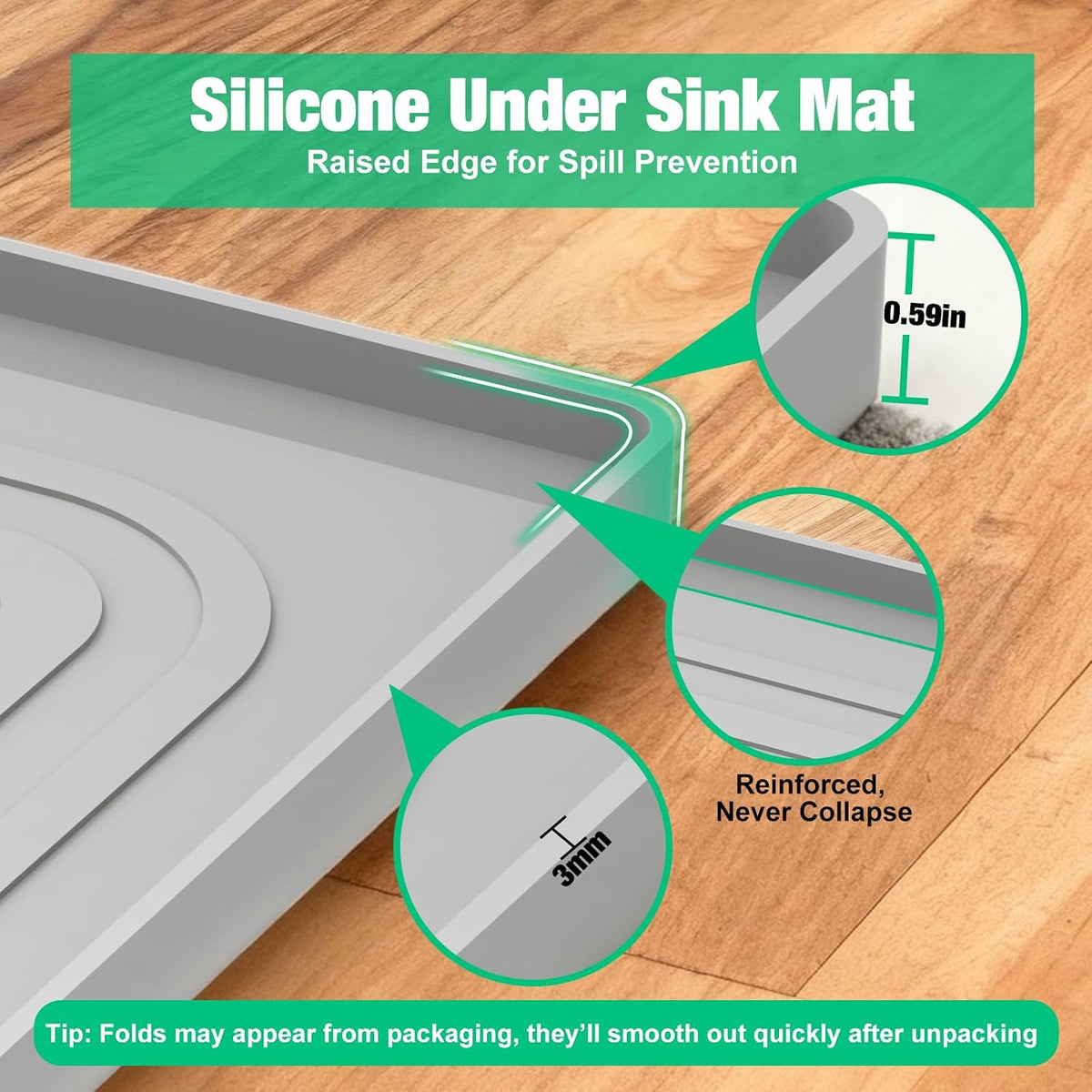 Under Sink Mat 22" X 19", Waterproof Silicone Cabinet Kitchen Liner, Gray