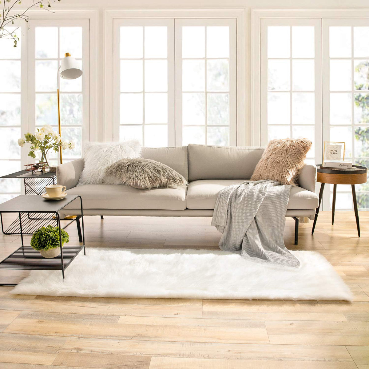 Ashler Faux Fur Rug, White, 2x3 Ft, Machine Washable