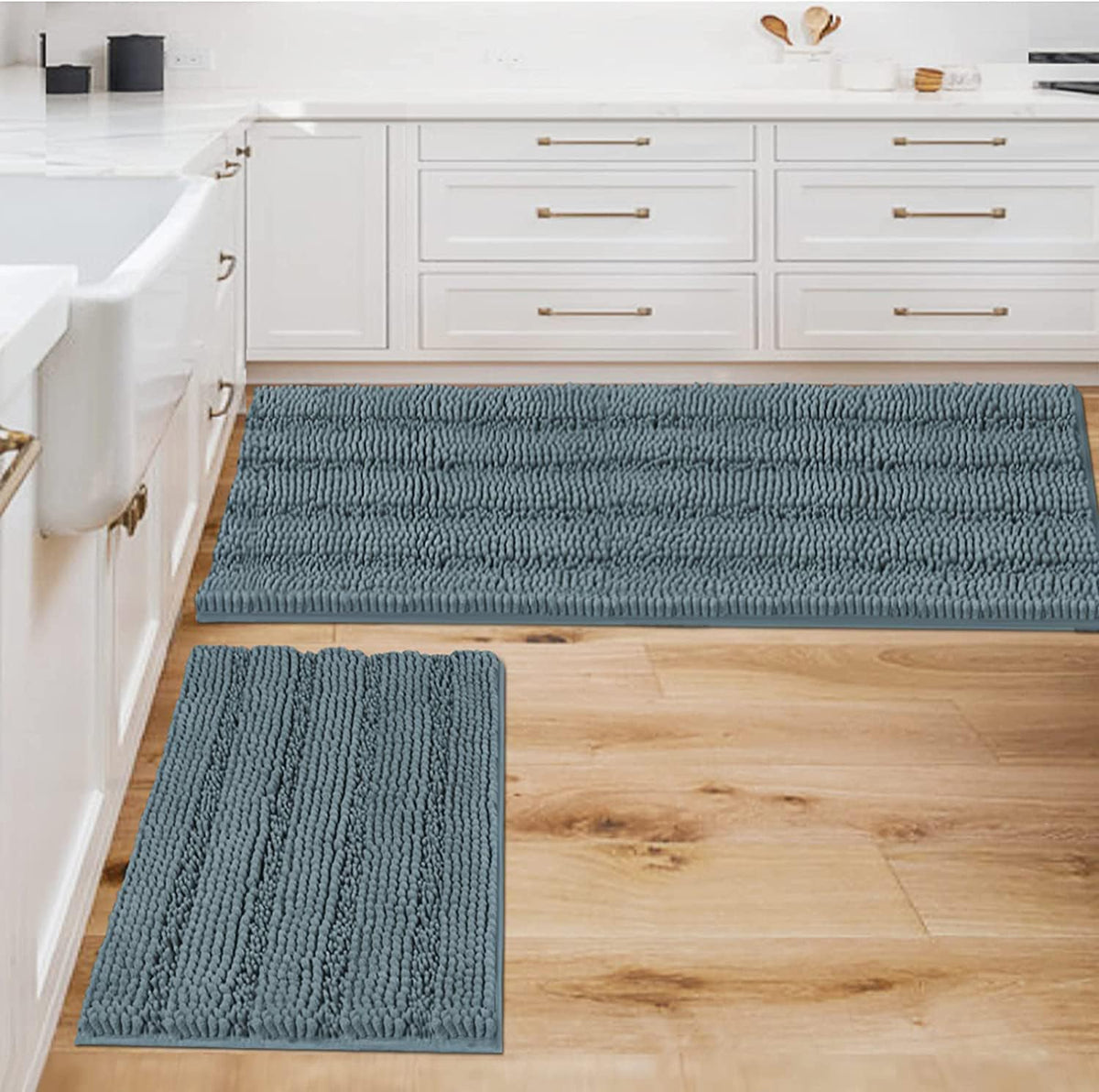 H.VERSAILTEX Bathroom Rugs Bath Rug Set 2 Piece Bathroom Contour Rug Toilet Mat Sets Non Slip Contour Bath Rug Ultra Thick Water Absorbent Striped Bath Mats Washable(47" x 17" Plus 20" x 20" U, Cream)