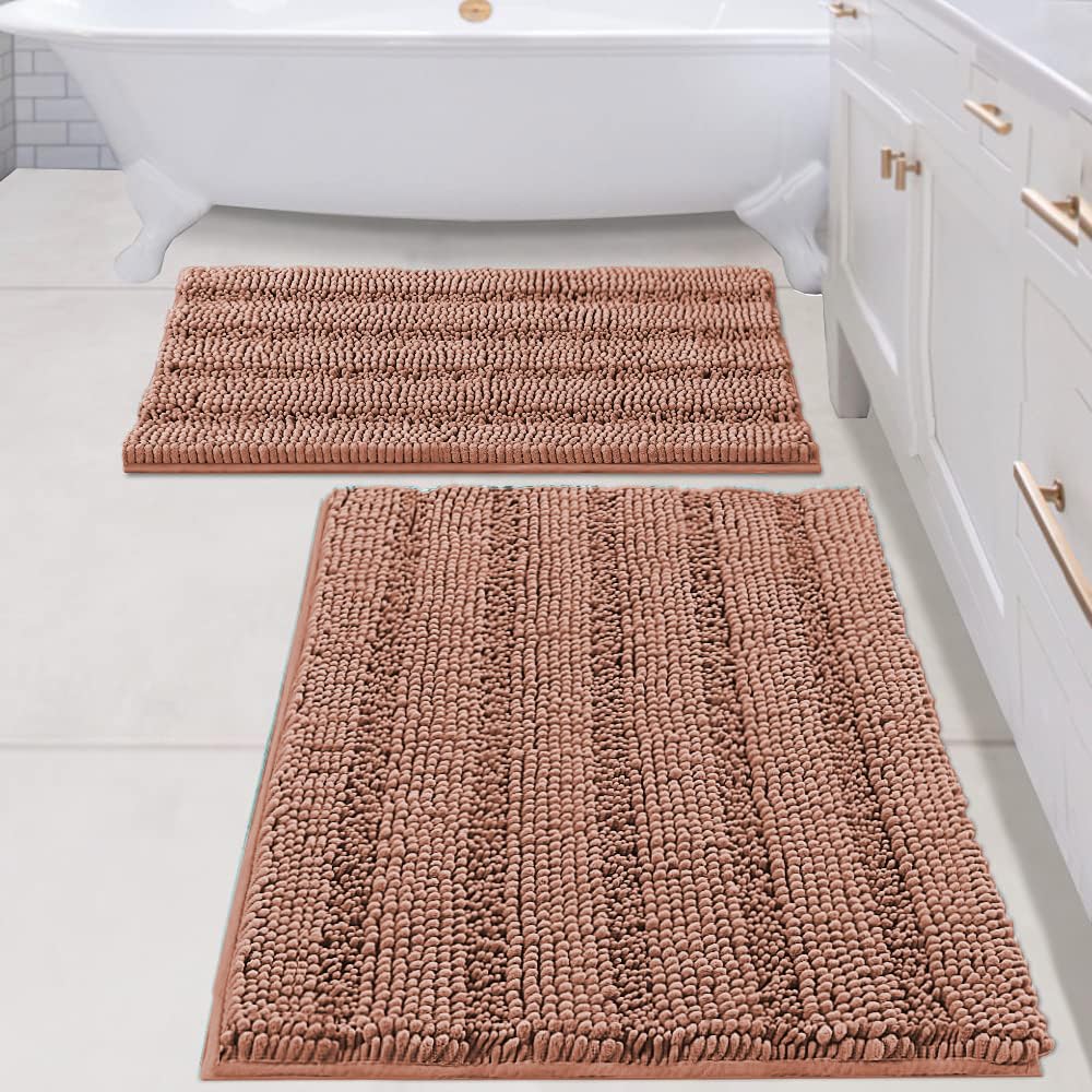 H.VERSAILTEX Bathroom Rugs Bath Rug Set 2 Piece Bathroom Contour Rug Toilet Mat Sets Non Slip Contour Bath Rug Ultra Thick Water Absorbent Striped Bath Mats Washable(47" x 17" Plus 20" x 20" U, Cream)