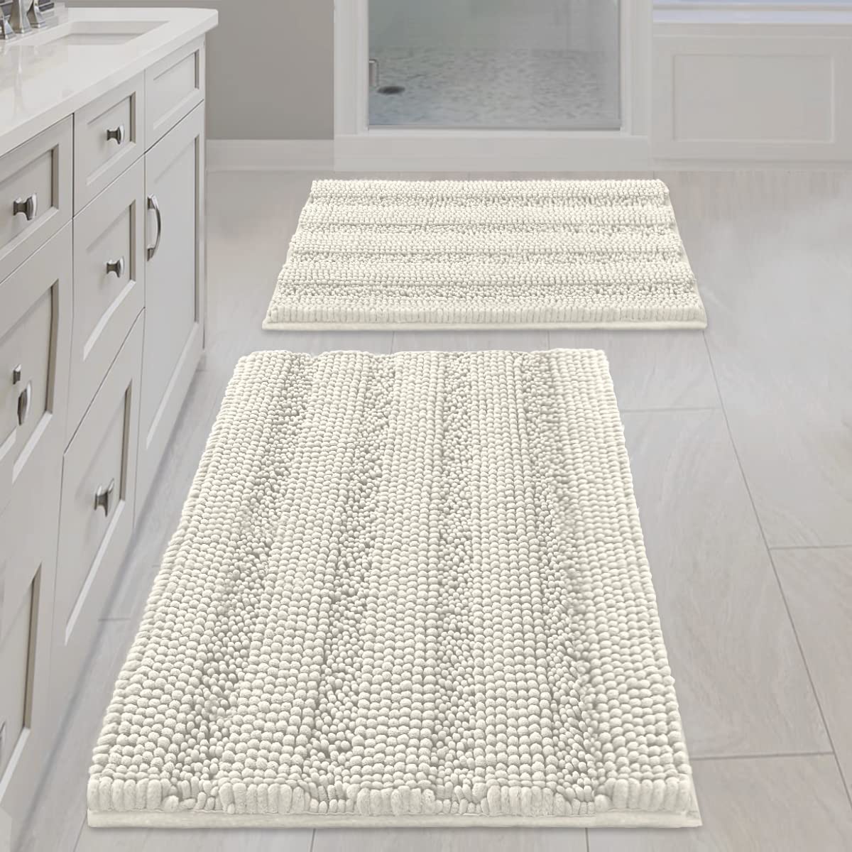 H.VERSAILTEX Bathroom Rugs Bath Rug Set 2 Piece Bathroom Contour Rug Toilet Mat Sets Non Slip Contour Bath Rug Ultra Thick Water Absorbent Striped Bath Mats Washable(47" x 17" Plus 20" x 20" U, Cream)