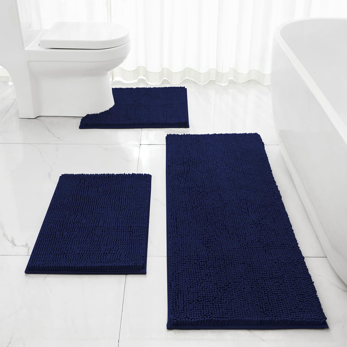 HOMEIDEAS Grey Chenille Bathroom Rugs Set of 3, Non Slip Bath Mat