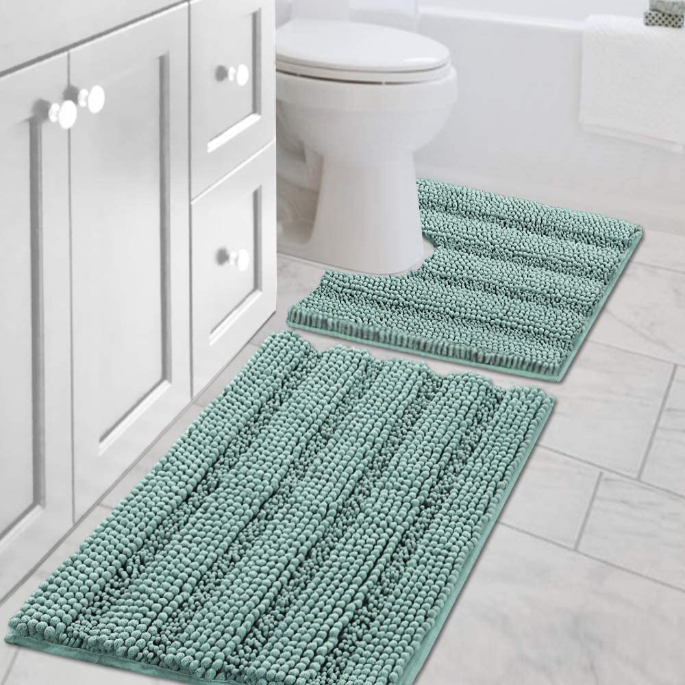H.VERSAILTEX Bathroom Rugs Bath Rug Set 2 Piece Bathroom Contour Rug Toilet Mat Sets Non Slip Contour Bath Rug Ultra Thick Water Absorbent Striped Bath Mats Washable(47" x 17" Plus 20" x 20" U, Cream)