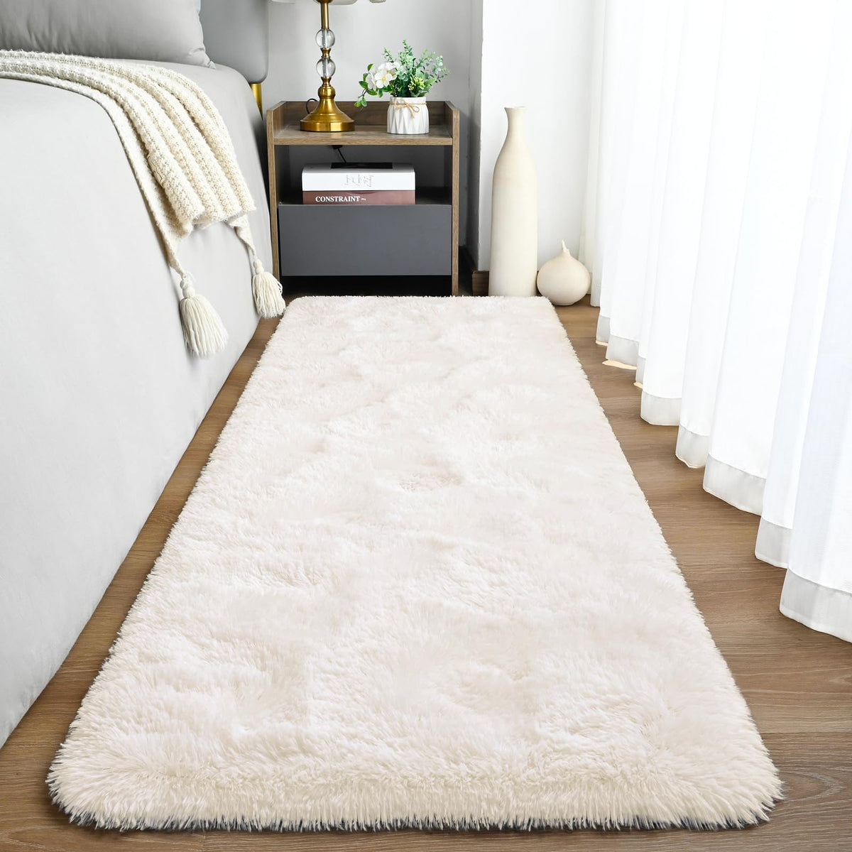 Goideal Fluffy Runner Rug for Bedroom Living Room, 2x6 Olive Green Bedside Rugs, Faux Fur Shag Modern Carpet Ultra Soft Girls Boys Room Home Decor, Solid