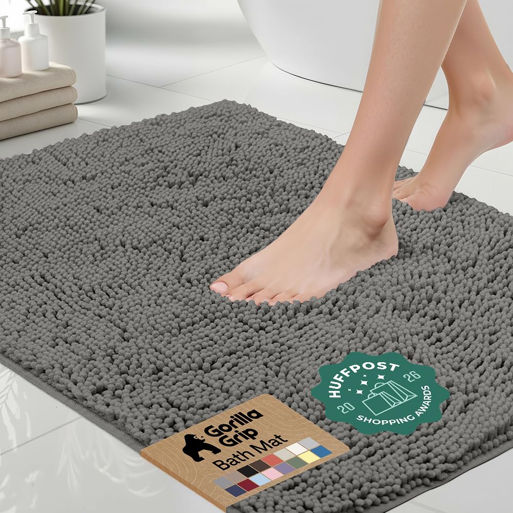 GORILLA GRIP Bath Rug Mat for Bathroom, Absorbent Chenille, 24x17 Gray