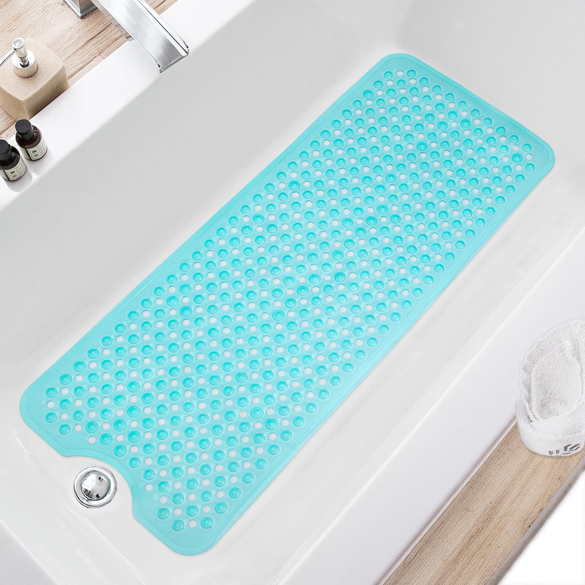 TEESHLY Bath Tub and Shower Mats, Non Slip 40 x 16 Inch Extra Large Bathtub Mat, Machine Washable Bathmat with Drain Holes, Suction Cups for Bathroom Floor, Gray