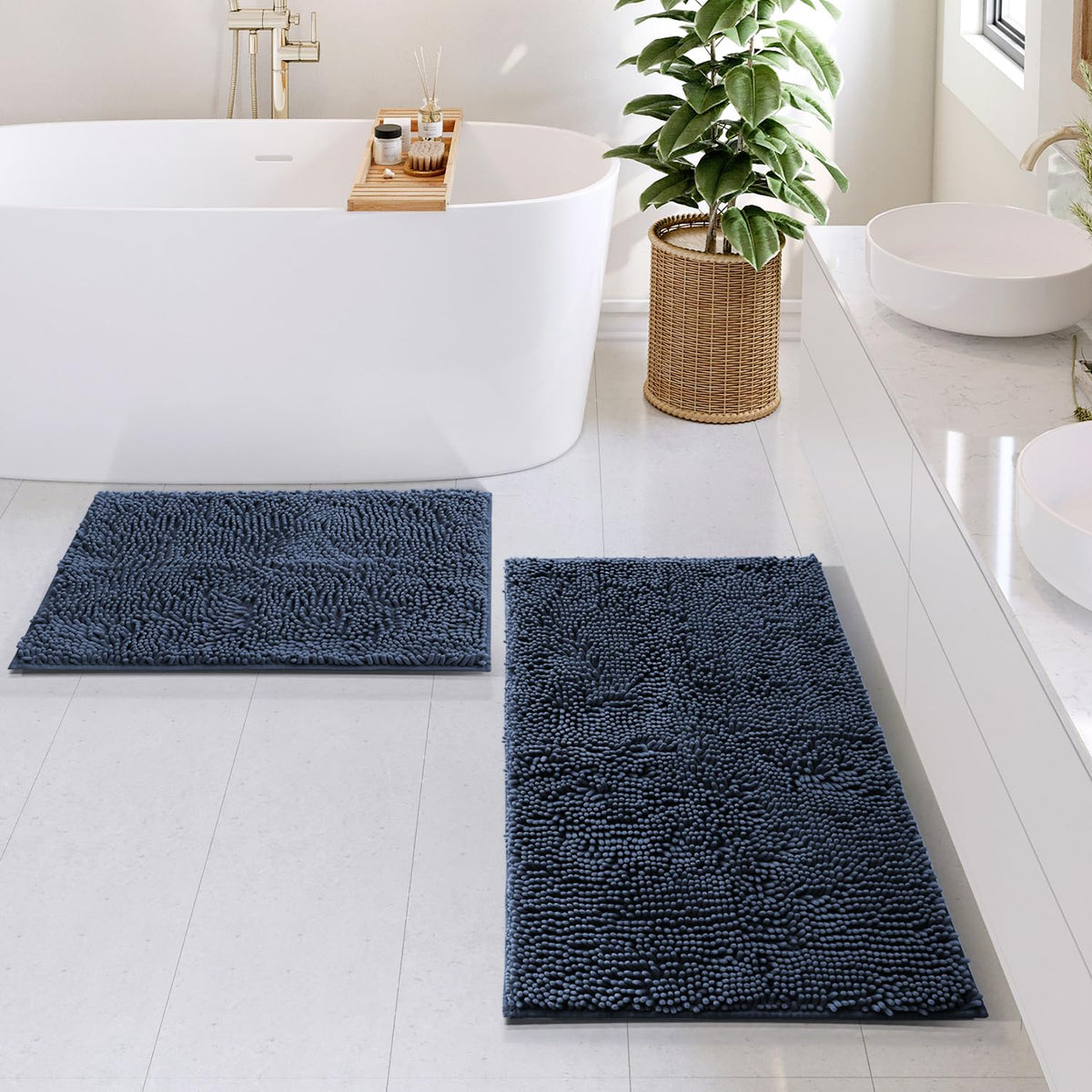 Hearth & Harbor Bathroom Rugs, Chenille Bath Mat - Machine Washable Bath Mats for Bathroom Non-Slip Backing Rubber, Quick Dry Bathroom Mat, 17 x 24 + 20 x 32 - Hunter Green