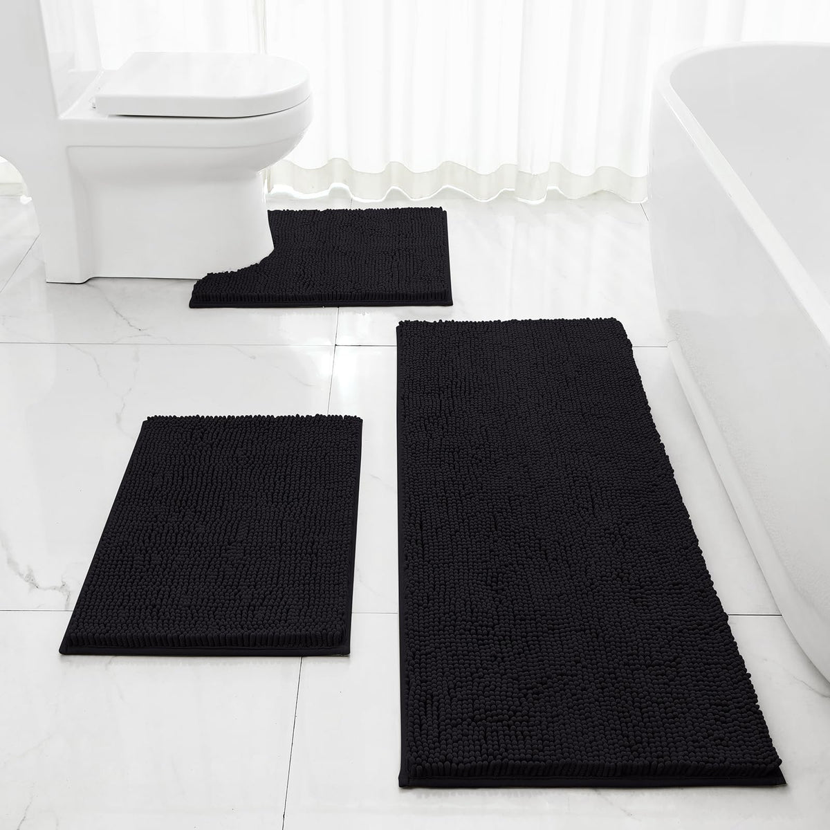 HOMEIDEAS Grey Chenille Bathroom Rugs Set of 3, Non Slip Bath Mat