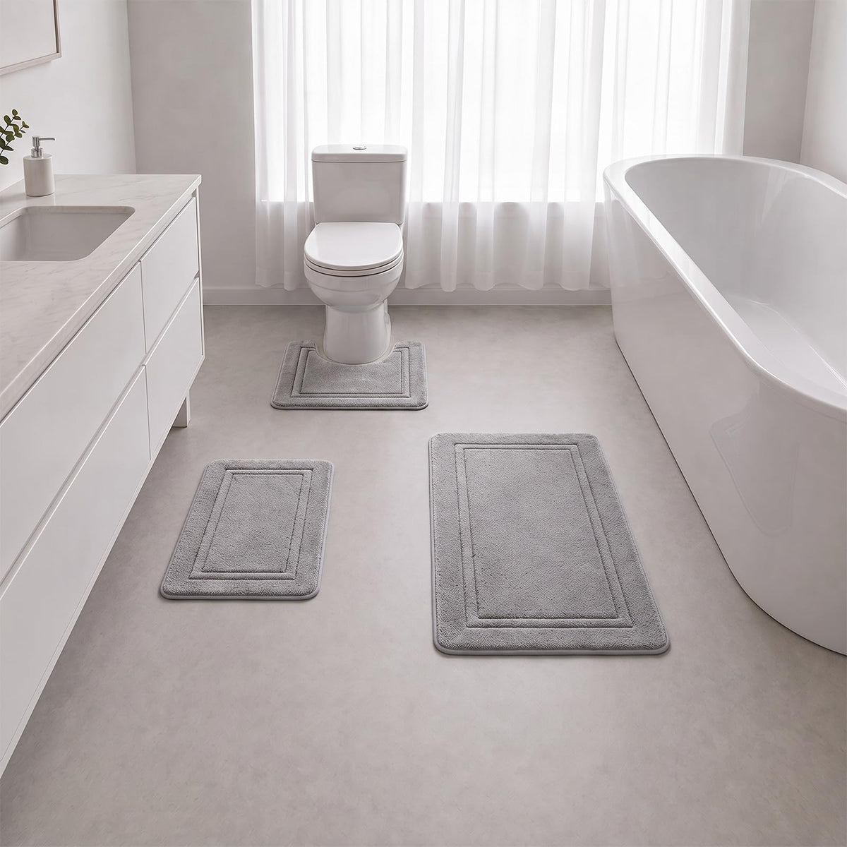 Bathroom Rugs Set 3 Piece, Bordered Memory Foam With Toilet Mats Dark Gray