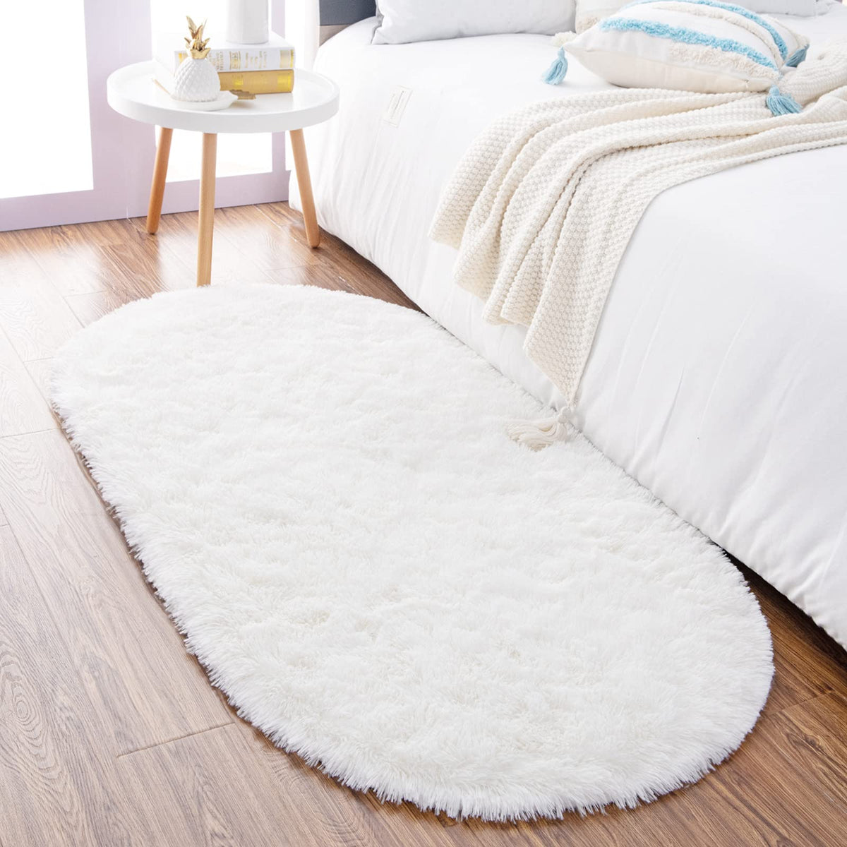 Noahas 2.6x5.3 Grey Fluffy Soft Oval Rug Non-Slip for Bedroom Dorm Hallway