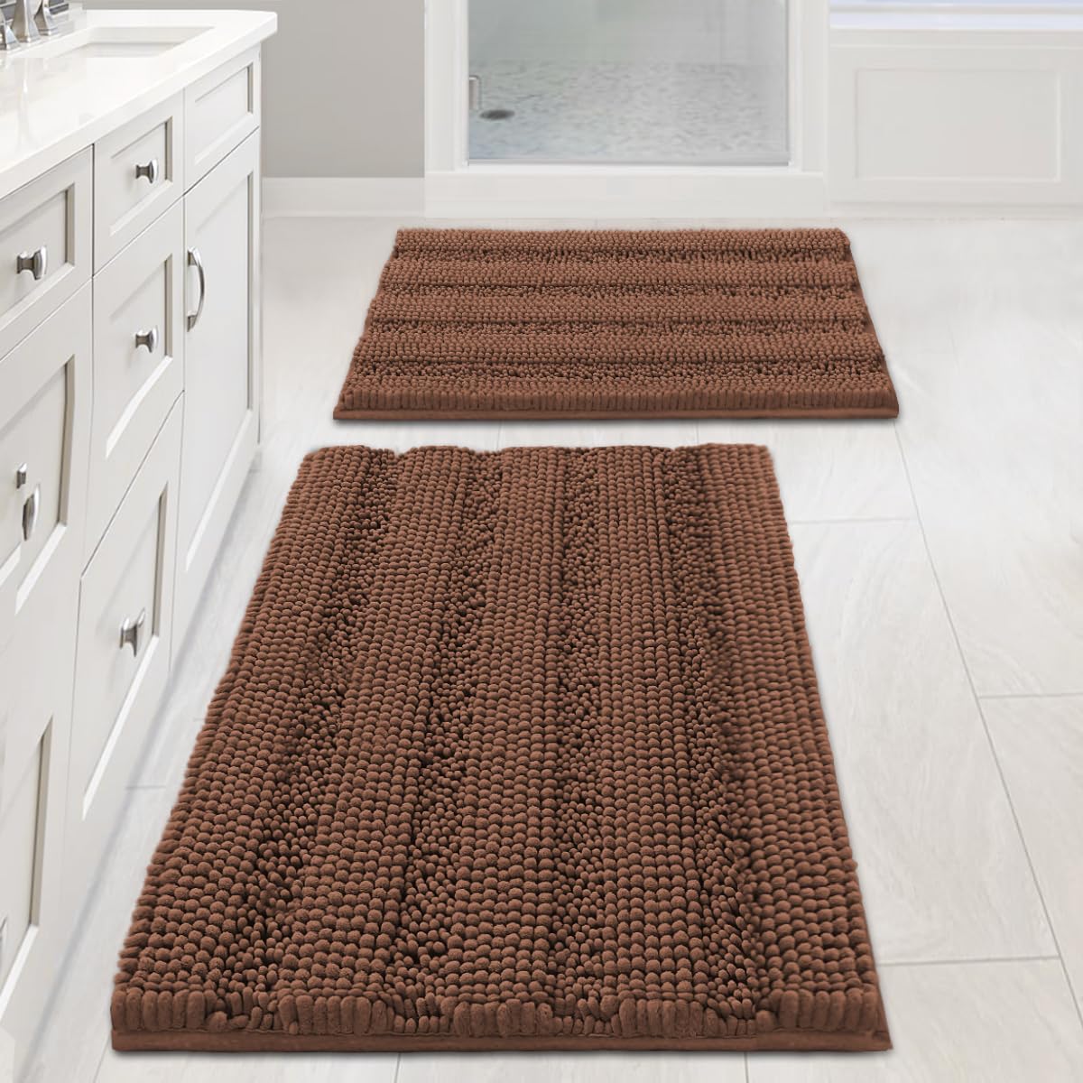 H.VERSAILTEX Bathroom Rugs Bath Rug Set 2 Piece Bathroom Contour Rug Toilet Mat Sets Non Slip Contour Bath Rug Ultra Thick Water Absorbent Striped Bath Mats Washable(47" x 17" Plus 20" x 20" U, Cream)