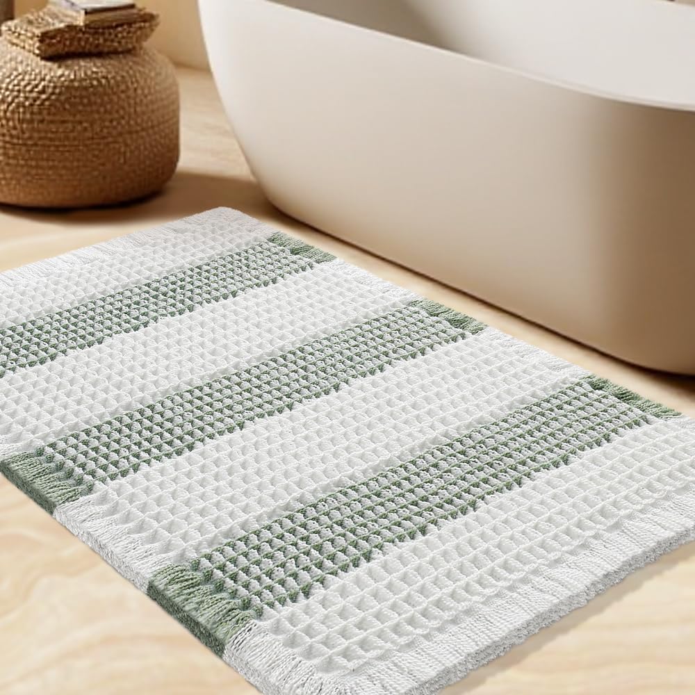 Upgrade Waffle Bath Mat Set 2 Piece, Boho Bathroom Rugs Absorbent Non Slip, Ultra Soft Bathroom Mat, Machine Washable Knit Bath Rugs with Herringbones for Bathroom, Bedroom, Kitchen, Shower, White
