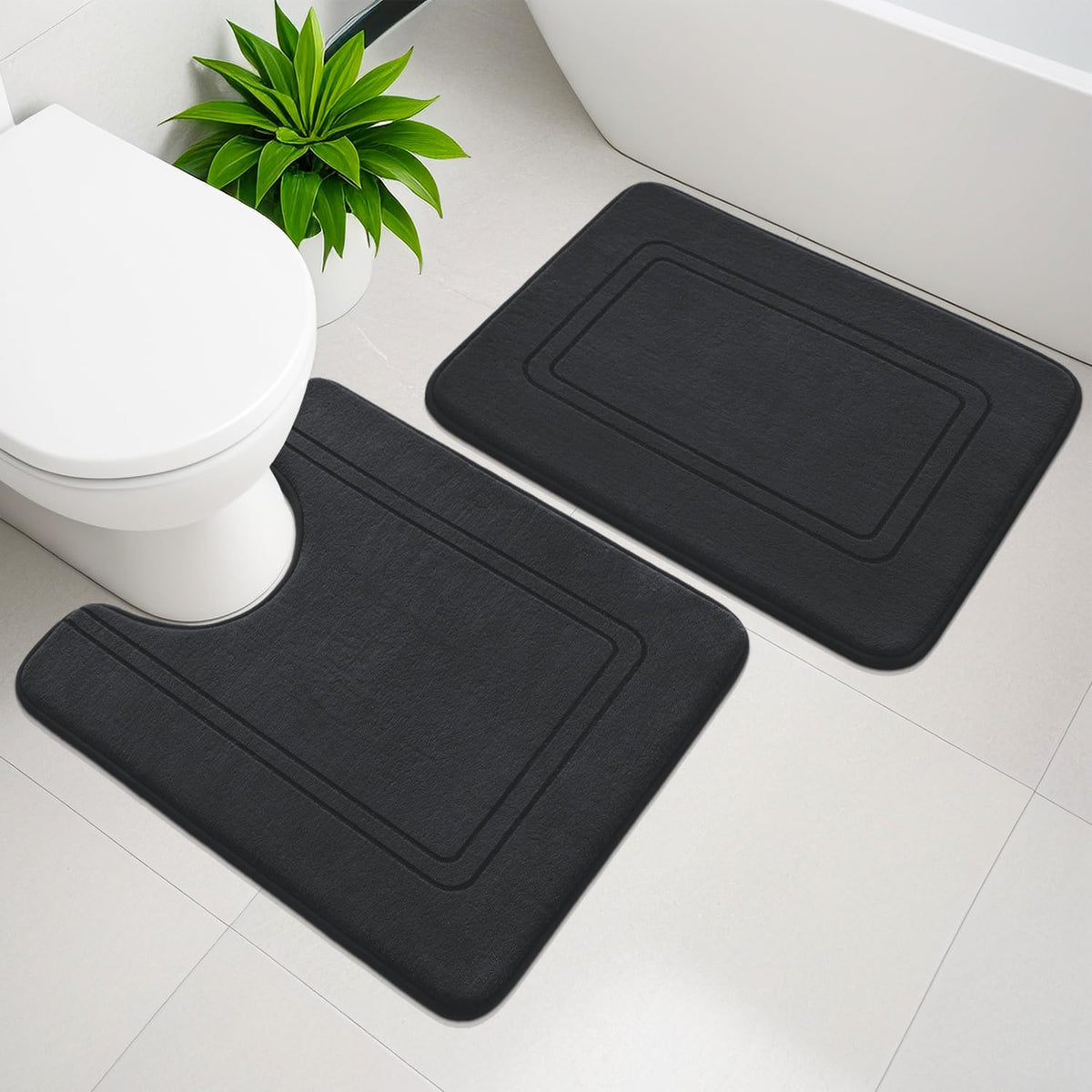 YIHOUSE Memory Foam Bath Mat Set, Non Slip Bath Mats, Super Soft and Water Absorbent, Machine Washable U Shape Toilet Mats, Dark Blue