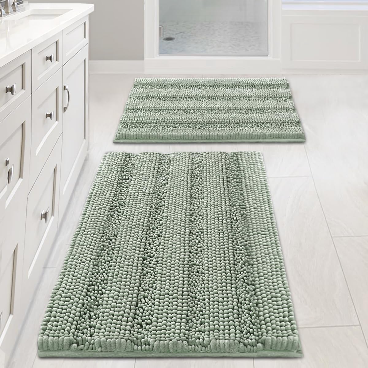 H.VERSAILTEX Bathroom Rugs Bath Rug Set 2 Piece Bathroom Contour Rug Toilet Mat Sets Non Slip Contour Bath Rug Ultra Thick Water Absorbent Striped Bath Mats Washable(47" x 17" Plus 20" x 20" U, Cream)
