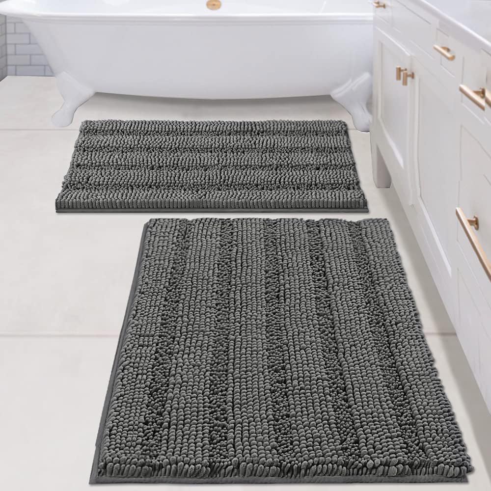 H.VERSAILTEX Bathroom Rugs Bath Rug Set 2 Piece Bathroom Contour Rug Toilet Mat Sets Non Slip Contour Bath Rug Ultra Thick Water Absorbent Striped Bath Mats Washable(47" x 17" Plus 20" x 20" U, Cream)
