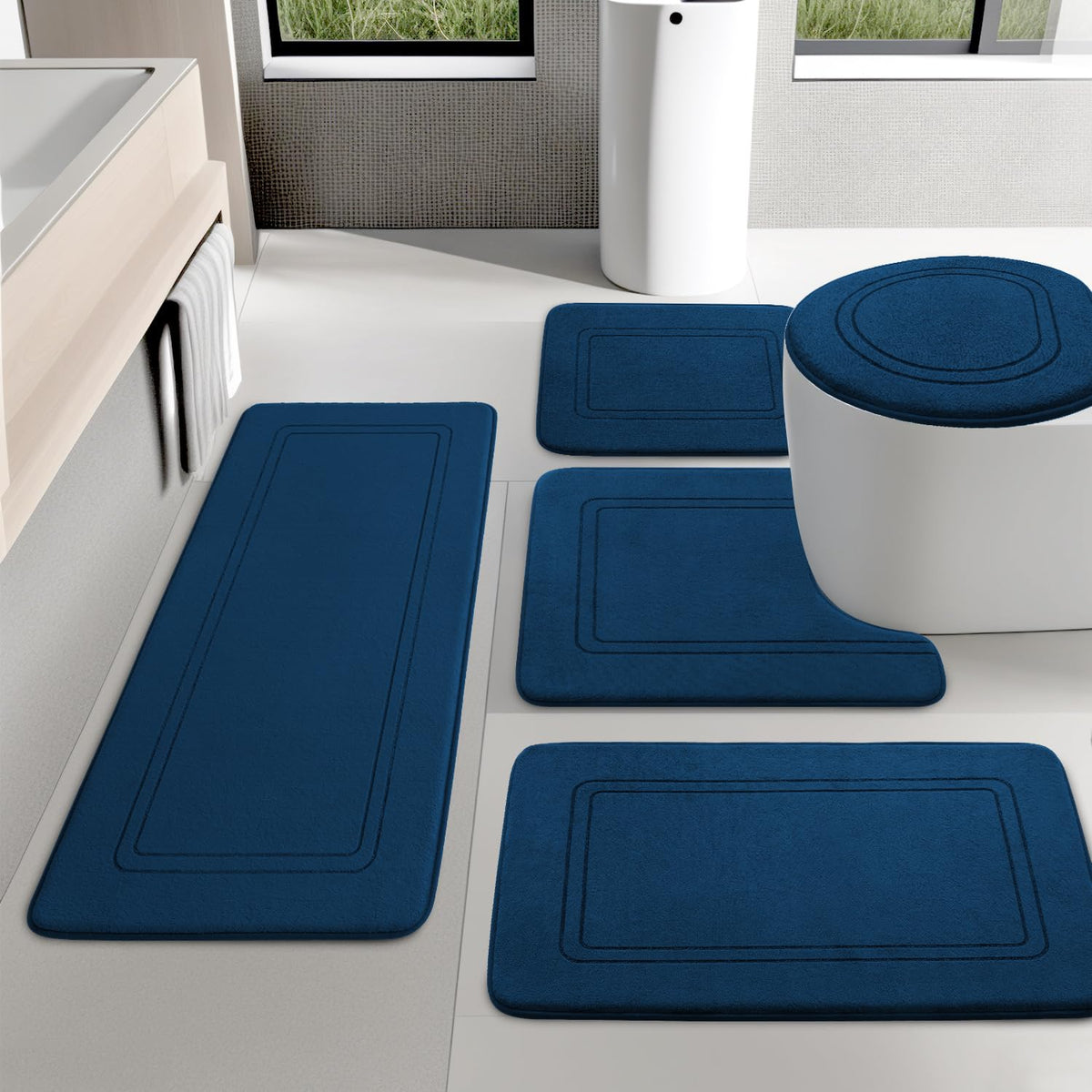 YIHOUSE Memory Foam Bath Mat Set, Non Slip Bath Mats, Super Soft and Water Absorbent, Machine Washable U Shape Toilet Mats, Dark Blue