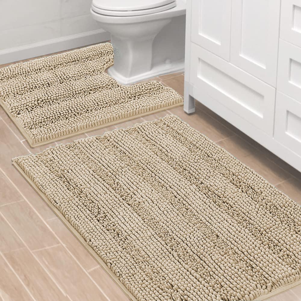 H.VERSAILTEX Bathroom Rugs Bath Rug Set 2 Piece Bathroom Contour Rug Toilet Mat Sets Non Slip Contour Bath Rug Ultra Thick Water Absorbent Striped Bath Mats Washable(47" x 17" Plus 20" x 20" U, Cream)