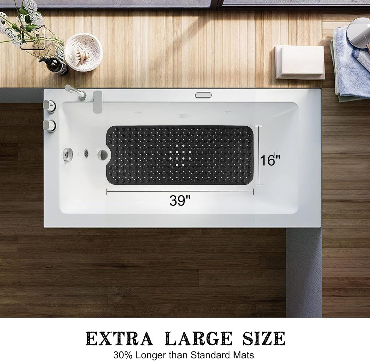 Extra Long Non-Slip Bathtub Shower Mat, 39 x 16 Inch Black Bath Mat