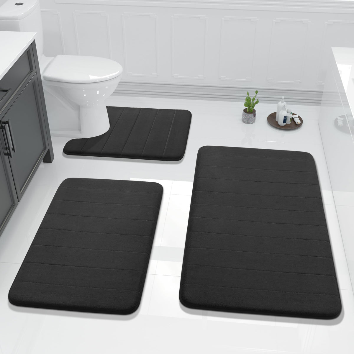 Yimobra Memory Foam Bath Mat Set 3 Pieces- Super Soft Absorbent Quick Dry Bathroom Rug Sets, Machine Washable Non Slip Floor Carpet for Tub Shower, Vanity & Toilet Base, Gray