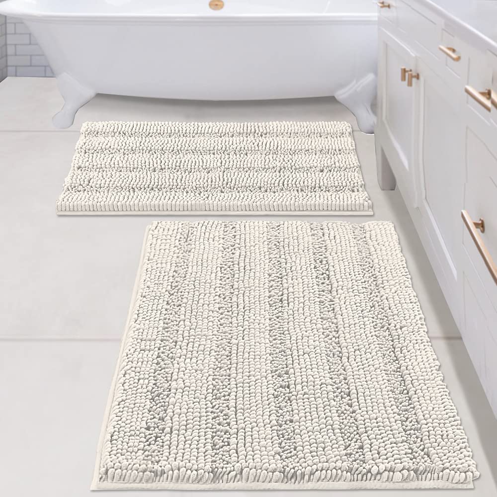 H.VERSAILTEX Bathroom Rugs Bath Rug Set 2 Piece Bathroom Contour Rug Toilet Mat Sets Non Slip Contour Bath Rug Ultra Thick Water Absorbent Striped Bath Mats Washable(47" x 17" Plus 20" x 20" U, Cream)