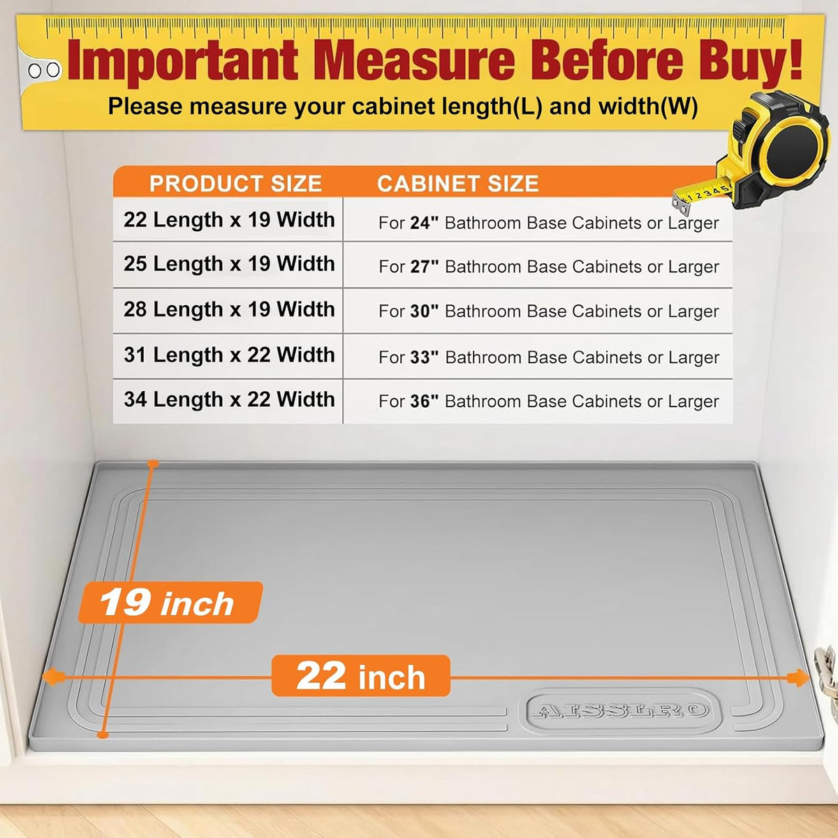 Under Sink Mat 22" X 19", Waterproof Silicone Cabinet Kitchen Liner, Gray