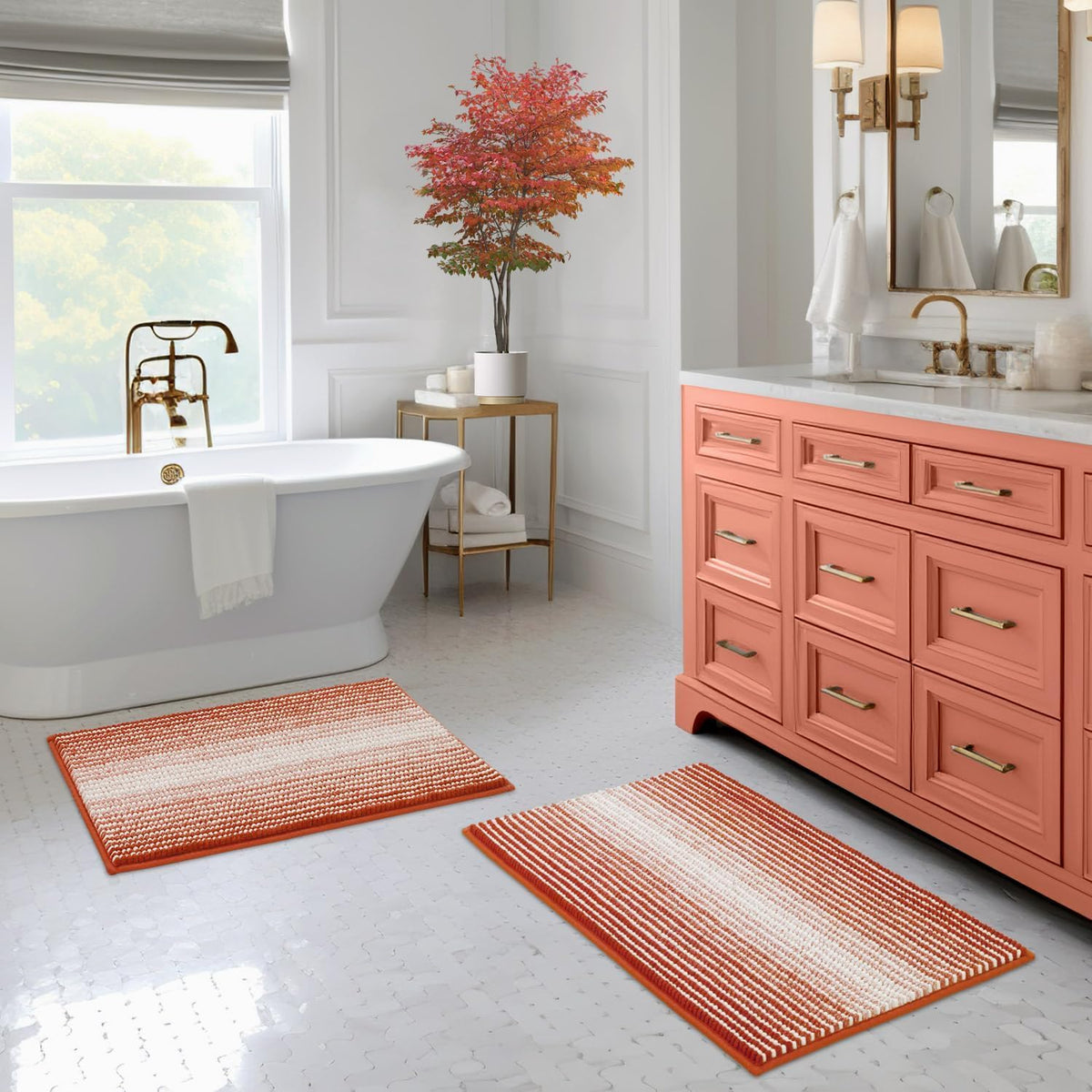 BSICPRO Bathroom Rugs Sets 2 Piece, Non Slip Boho Bath Mats, Beige