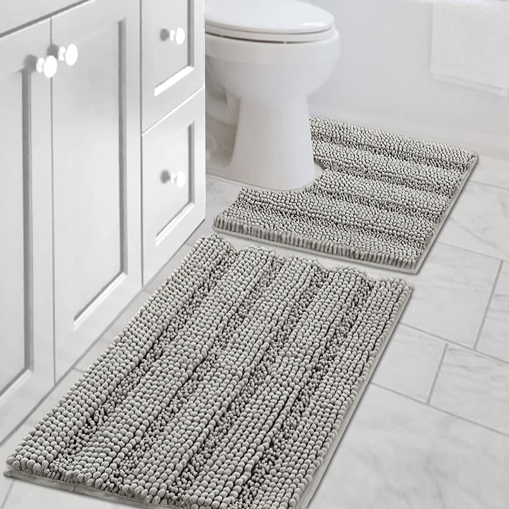 H.VERSAILTEX Bathroom Rugs Bath Rug Set 2 Piece Bathroom Contour Rug Toilet Mat Sets Non Slip Contour Bath Rug Ultra Thick Water Absorbent Striped Bath Mats Washable(47" x 17" Plus 20" x 20" U, Cream)