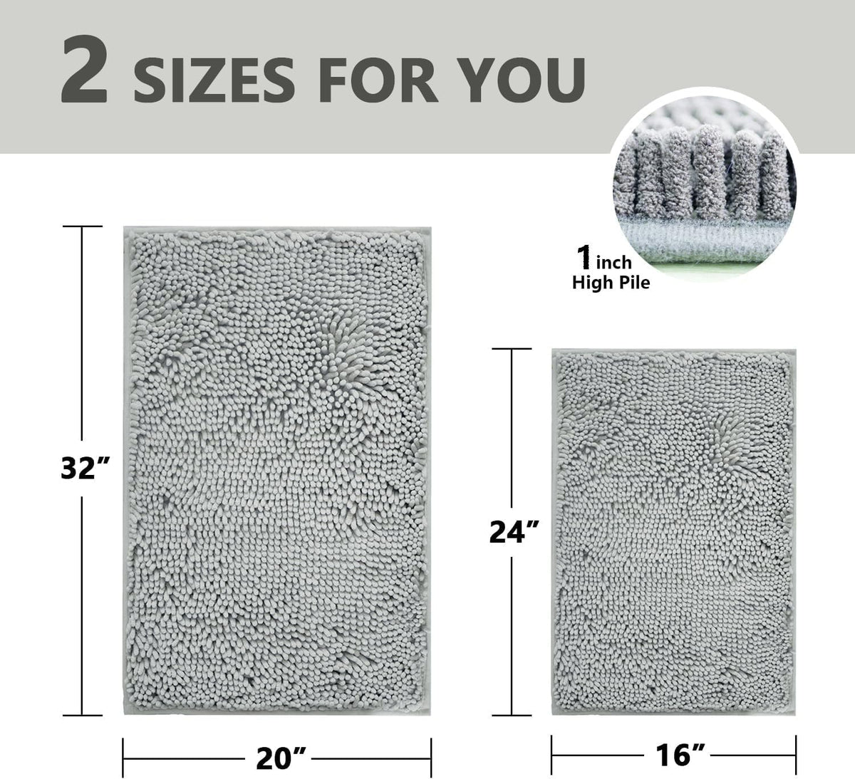 BOANKODU Bathroom Rugs Sets 2 Piece, Extra Soft Chenille Bath Mat Absorbent Bathroom Rug, Bathroom Mat with PVC Non-Slip Bottom, Machine Washable Bath Rugs (32x20 Inch + 24x16 Inch, Light Grey)